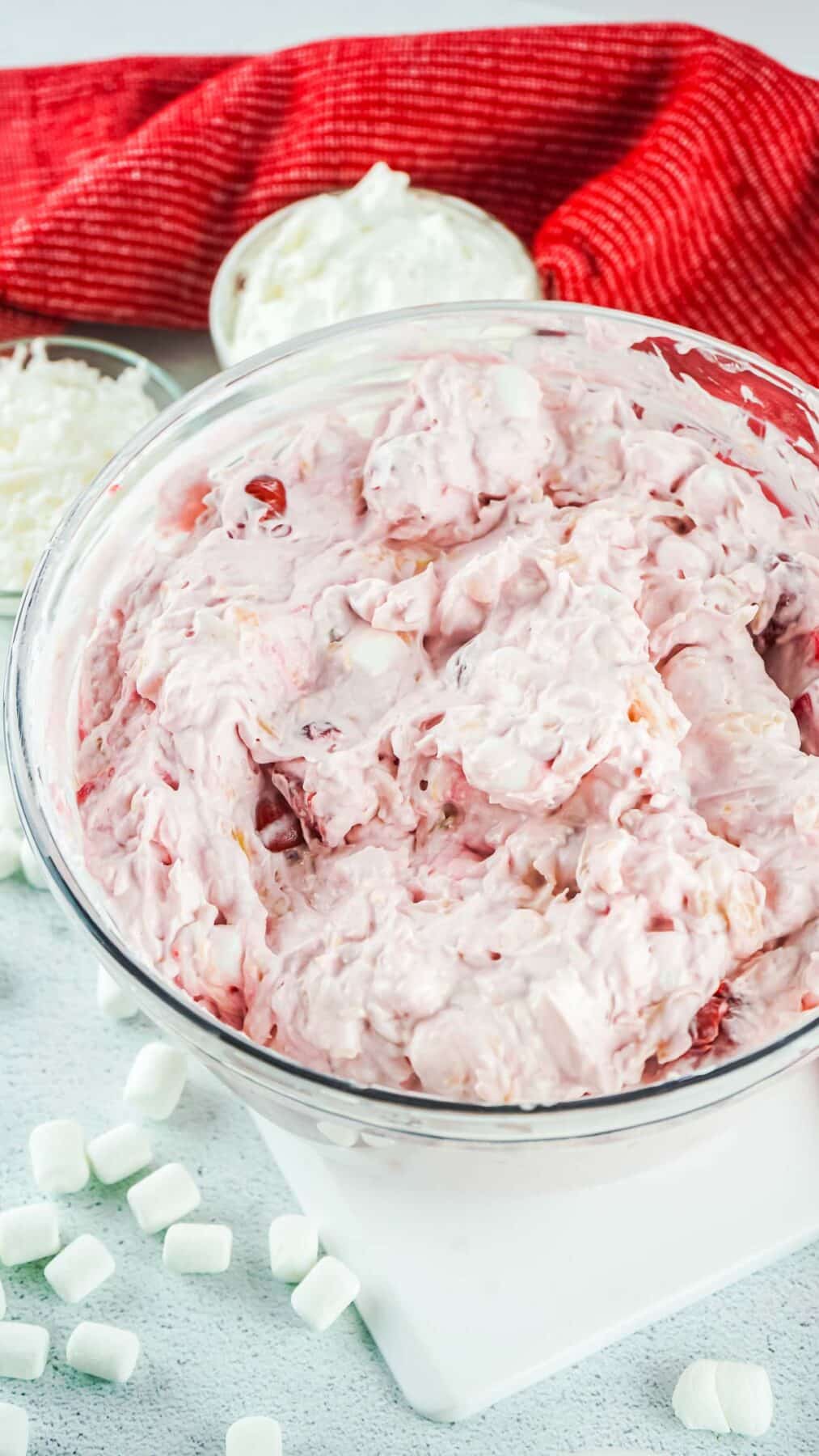 All ingredients for this cherry fluff salad in a large mixing bowl, mixed 