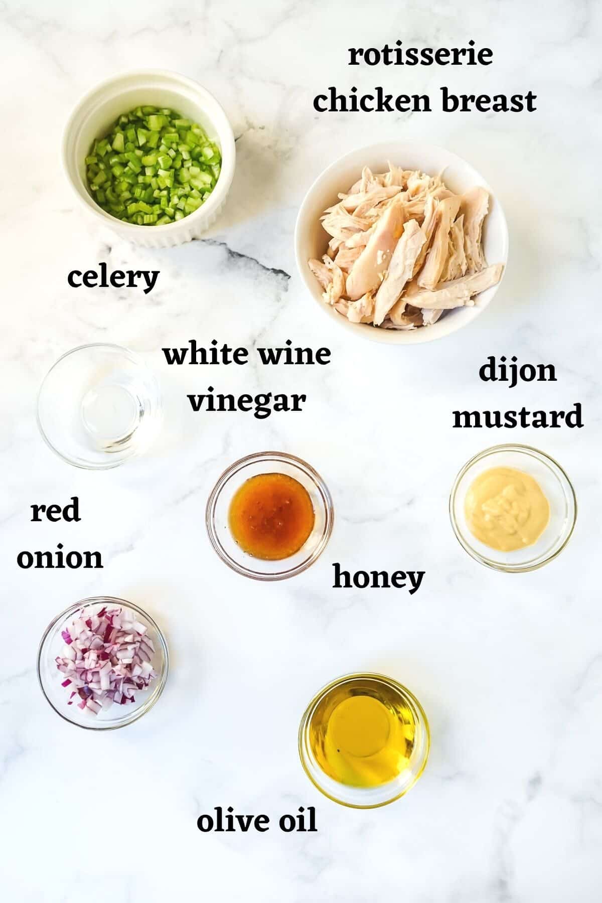 Ingredients needed for this chicken salad recipe without mayo.