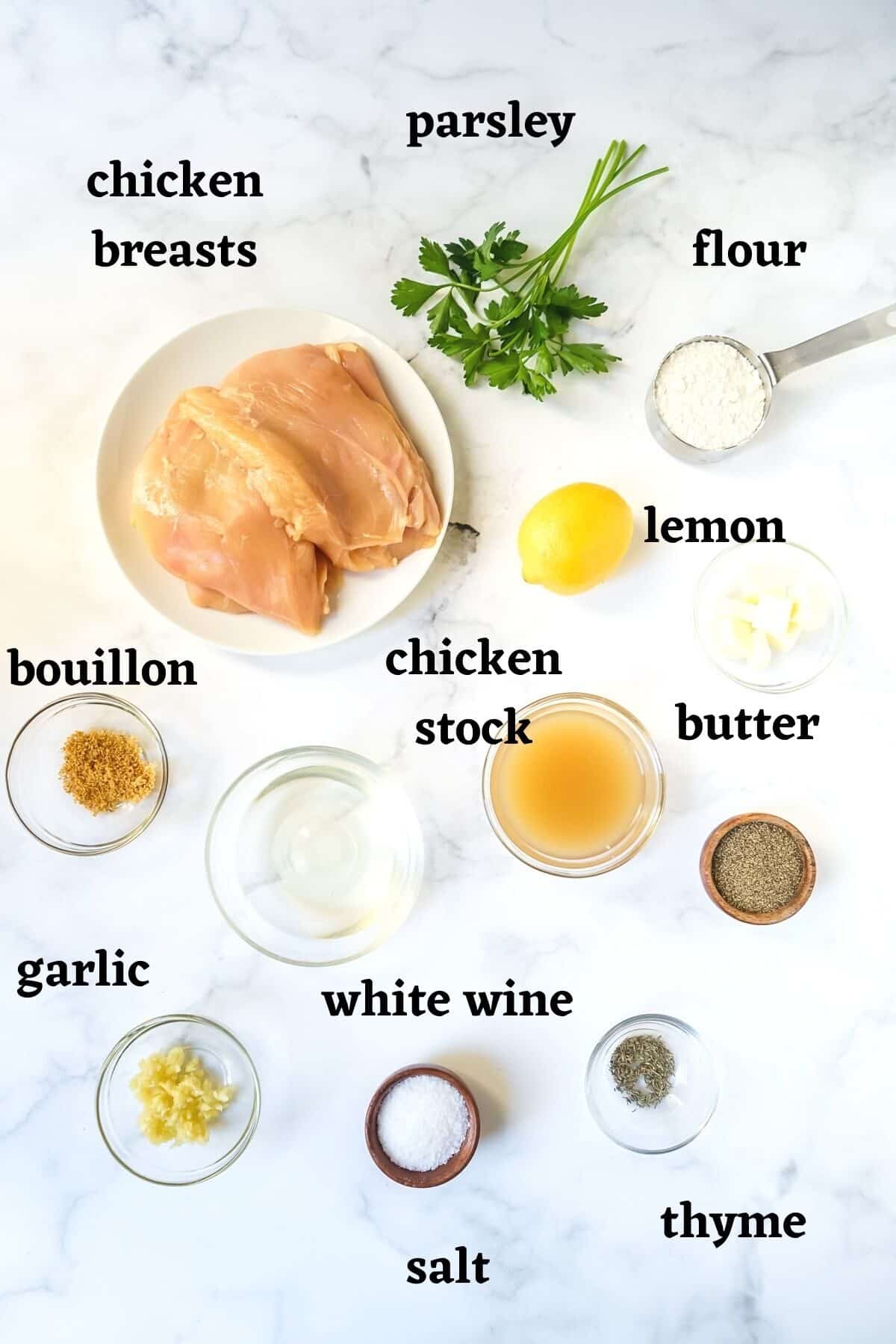 Ingredients needed for chicken with white wine sauce.
