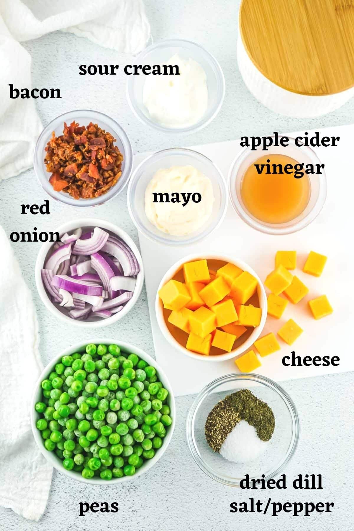 Ingredients needed to make classic old fashioned pea salad.