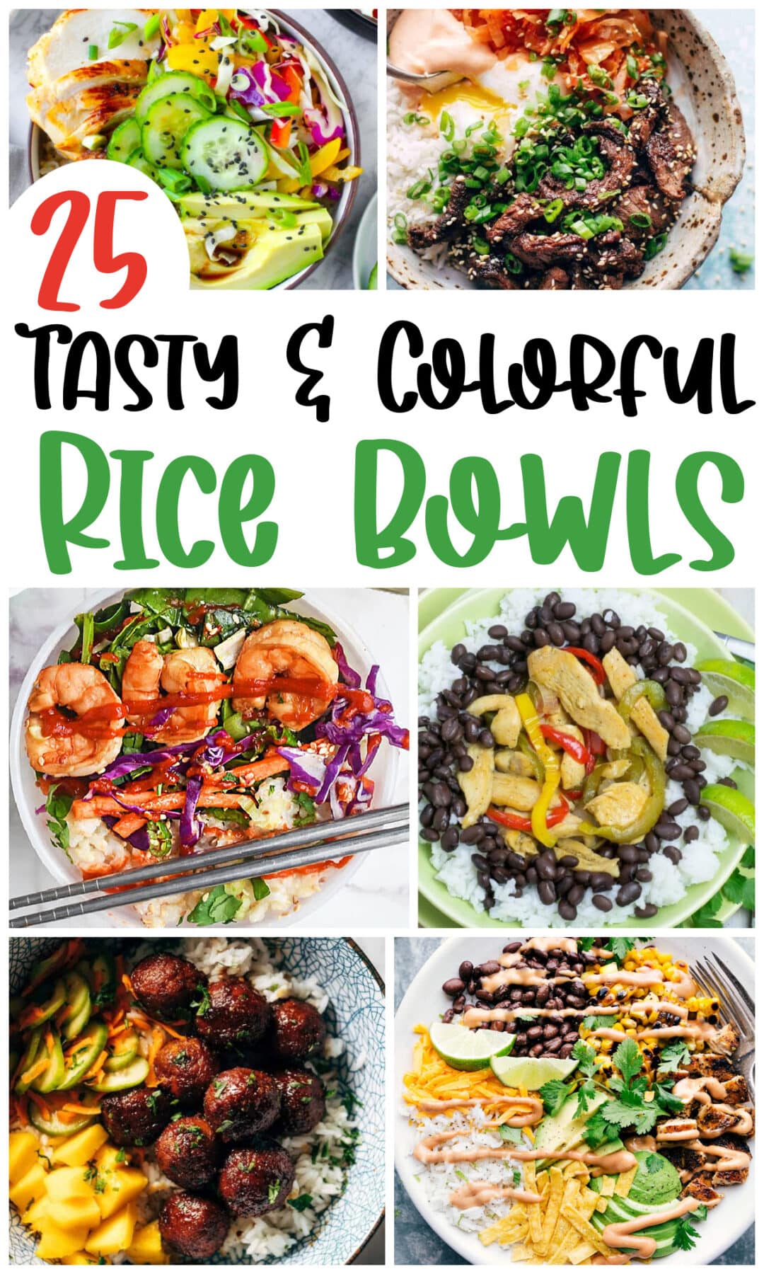 A collage of 6 colorful rice bowls.