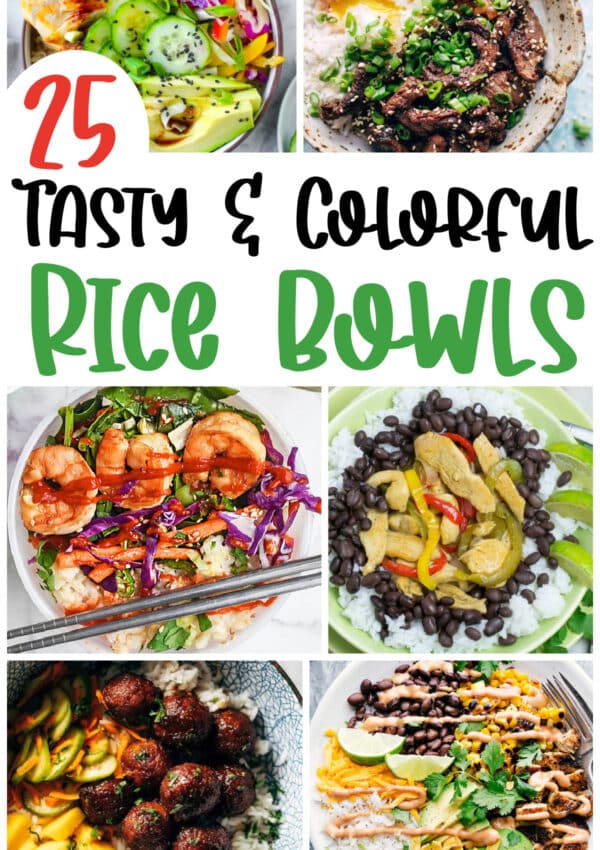 A collage of 6 colorful rice bowls.