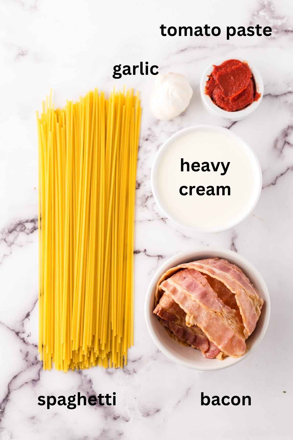 Ingredients needed to make creamy spaghetti with bacon.