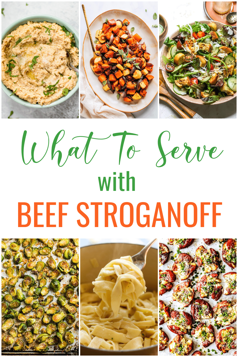 A collage of photos that shows what to serve with beef stroganoff.