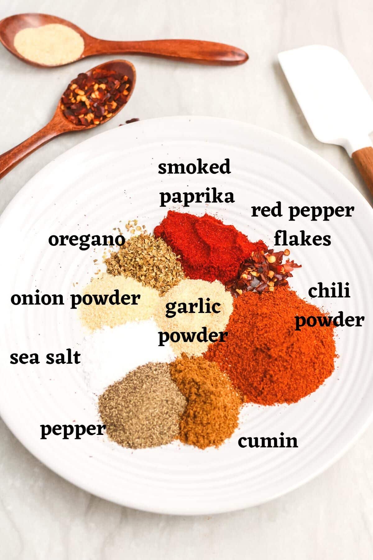 All the separate spices for the low sodium taco seasoning on a plate.