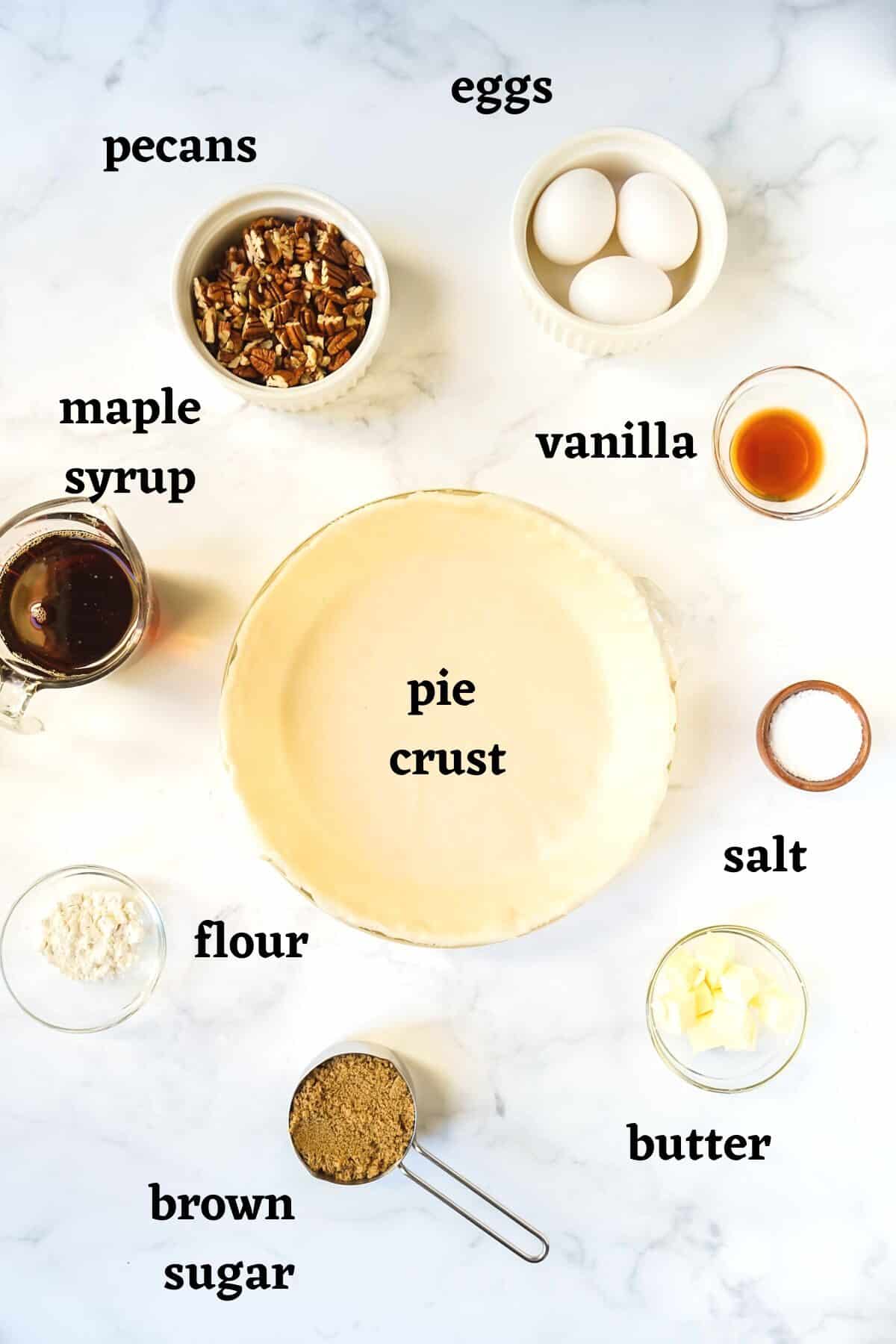 Ingredients needed to make this maple pecan pie without corn syrup.