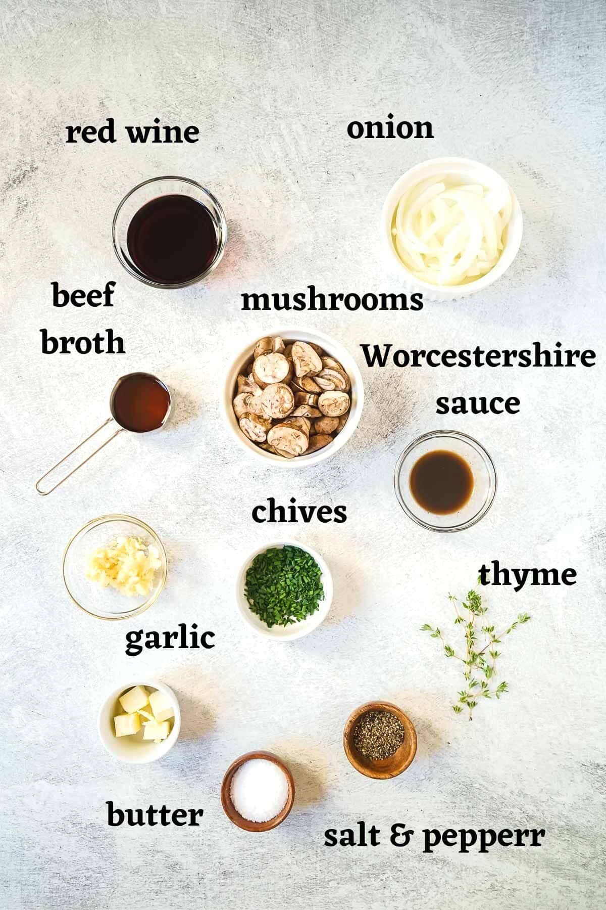 Ingredients needed to make sautéed mushrooms for steak.