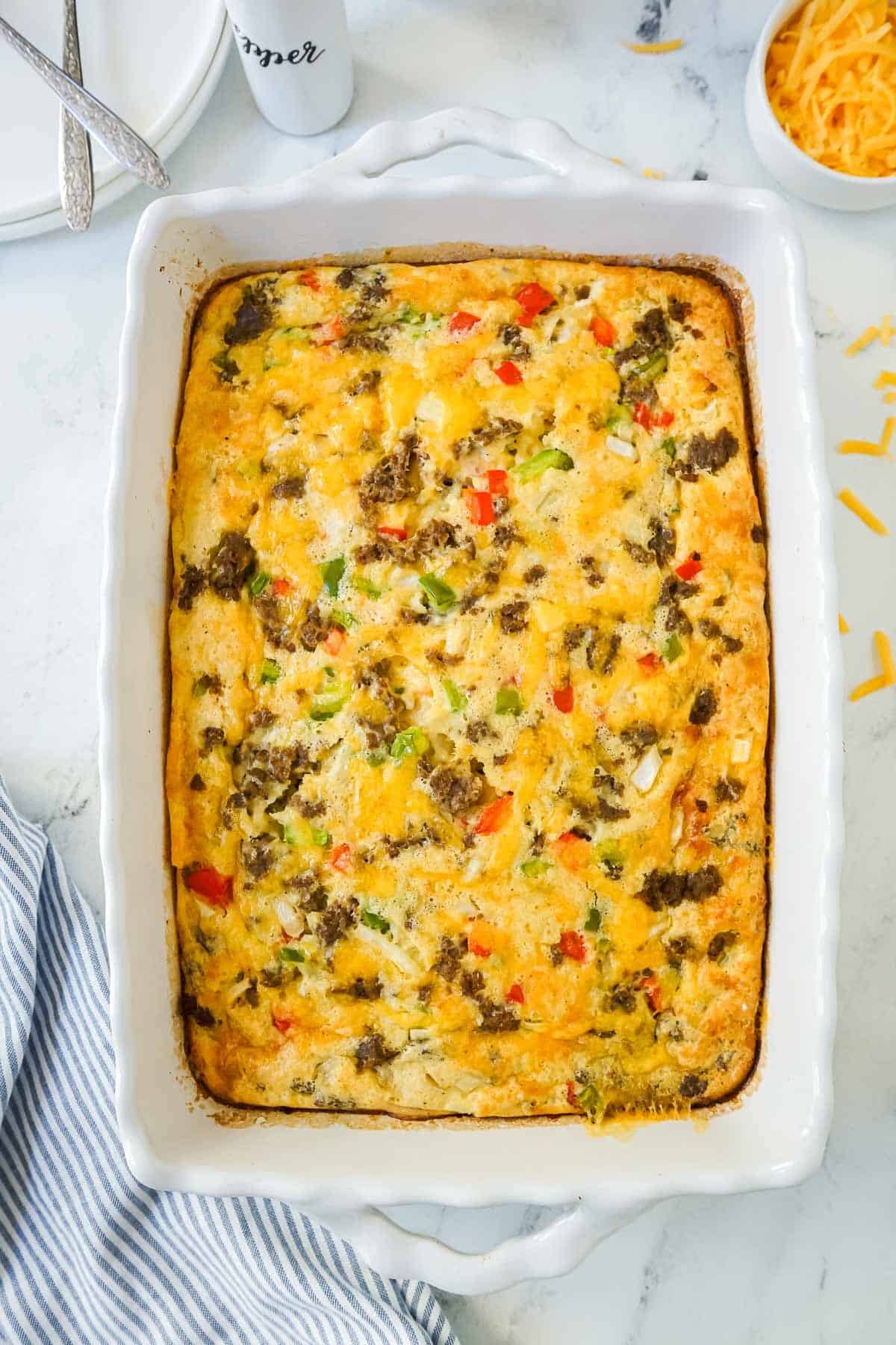 Easy Bisquick Breakfast Casserole right after it's been baked in the oven.