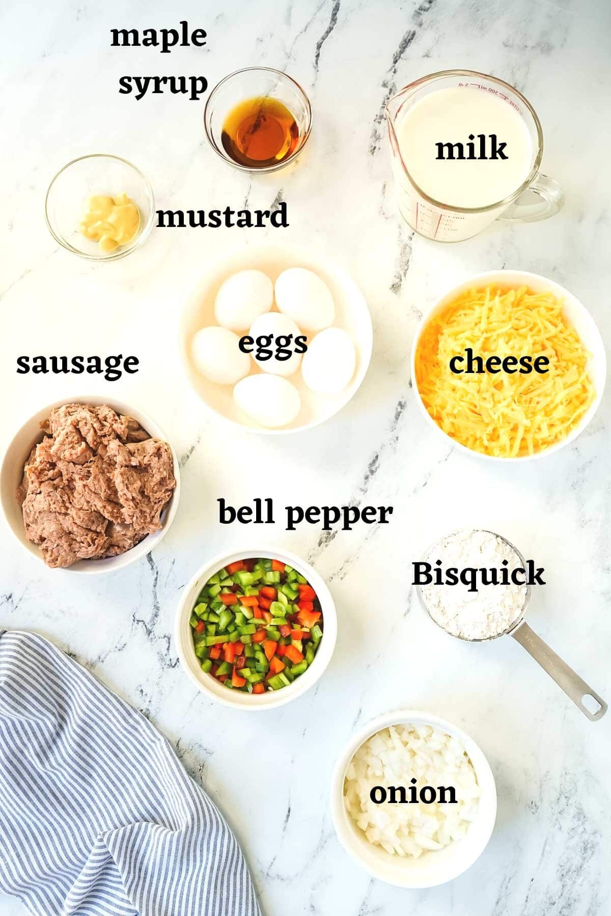 Ingredients needed to make Bisquick Breakfast Casserole.