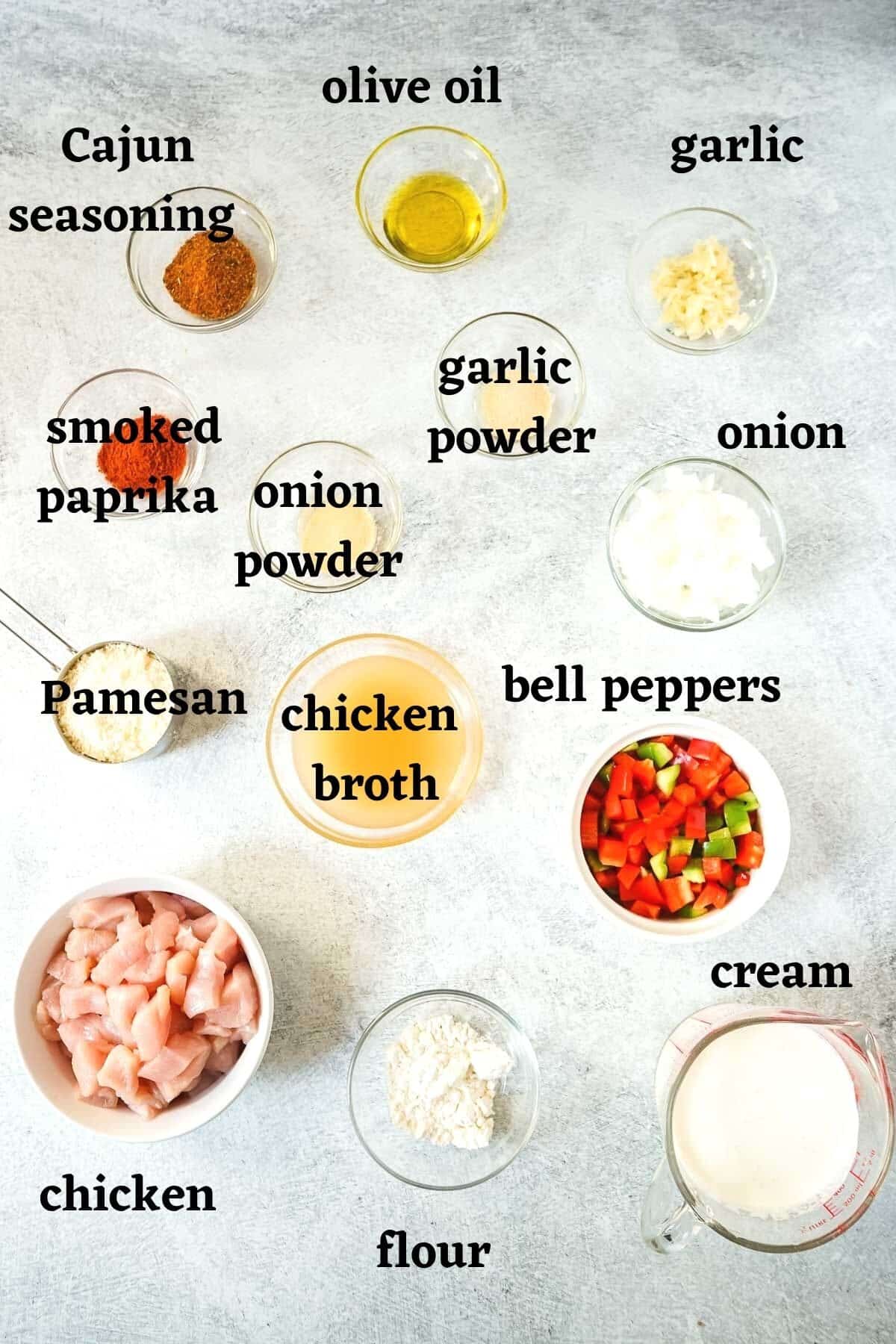 Ingredients needed to make creamy cajun spaghetti.