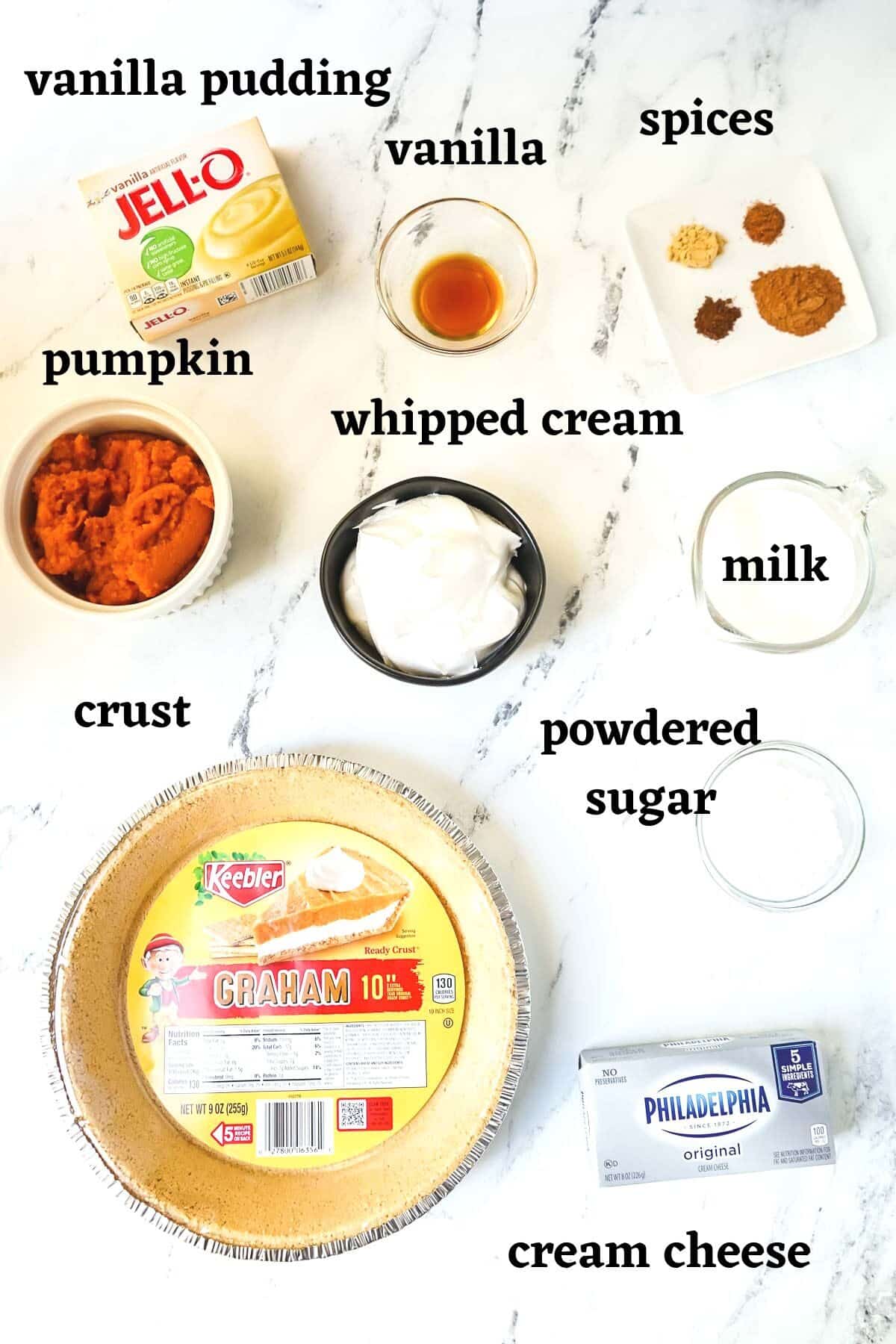 Ingredients needed to make this double layer pumpkin pie.