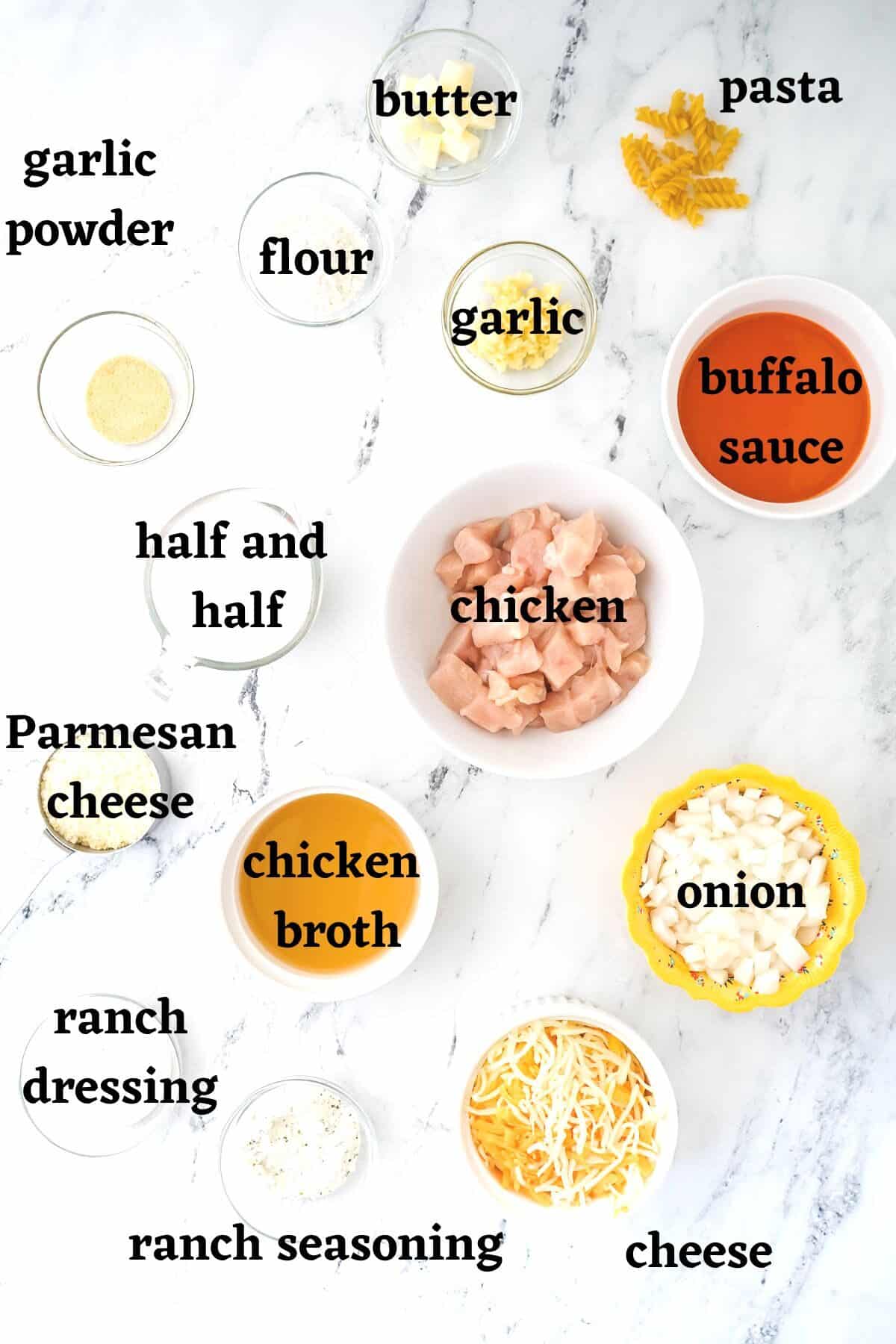 Ingredients needed to make buffalo chicken pasta with ranch.