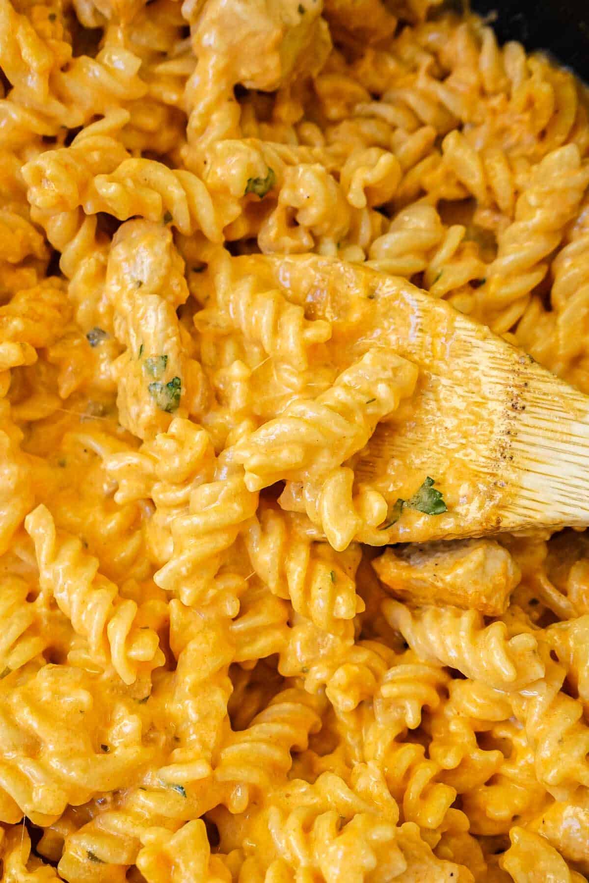 Close up of the cheesy buffalo ranch chicken pasta.