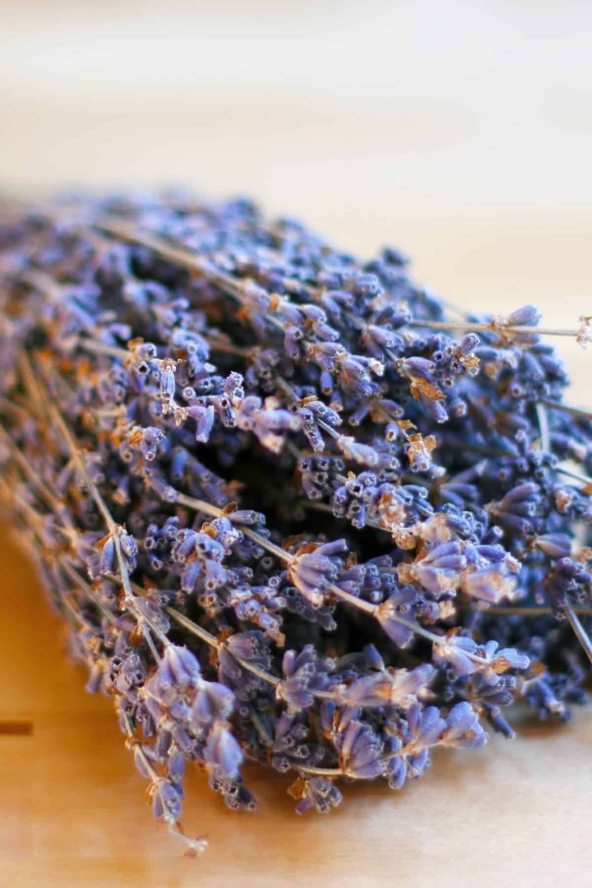 A bouquet of lavender sitting on a table. 