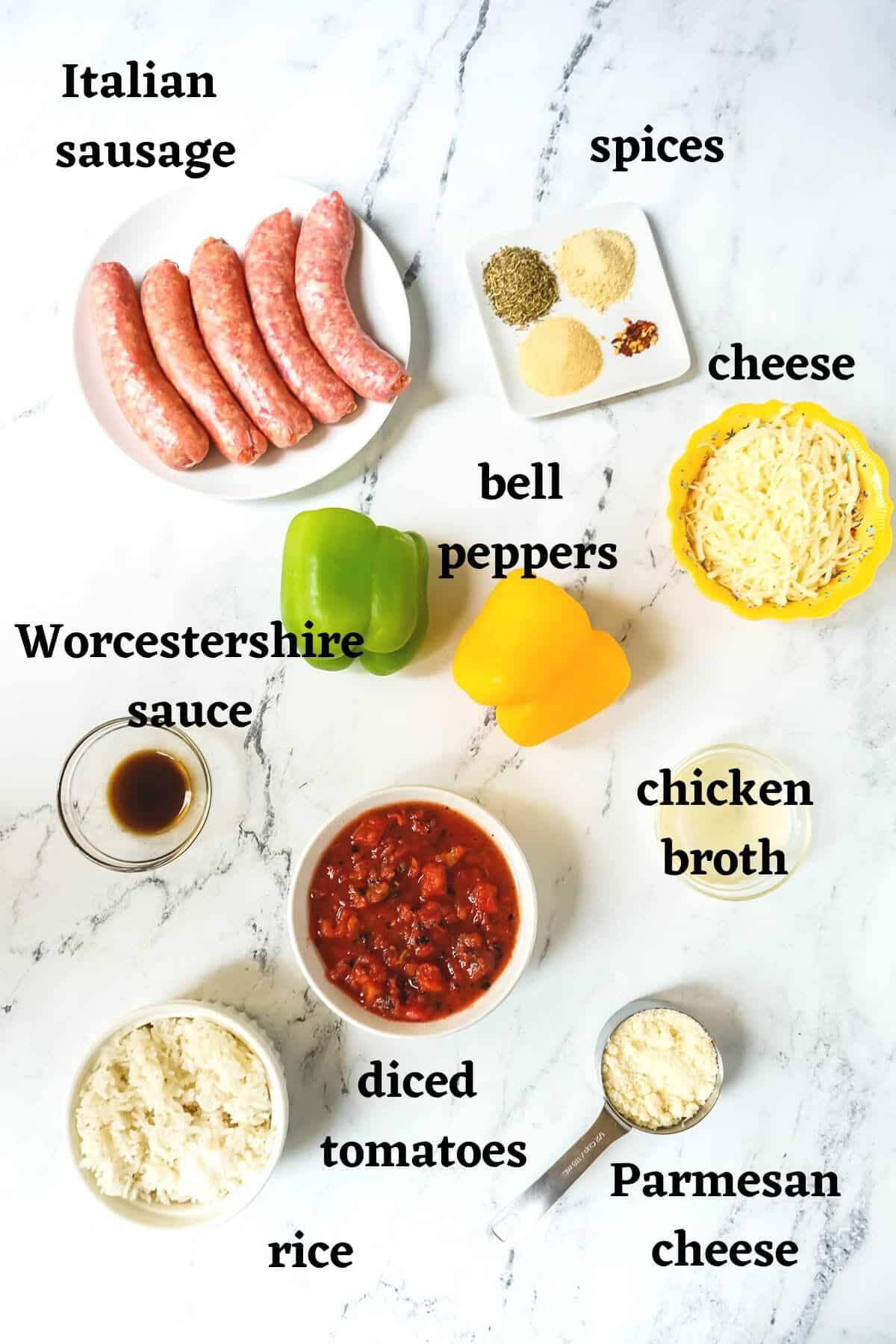 Ingredients needed to make Italian Sausage Stuffed Peppers.