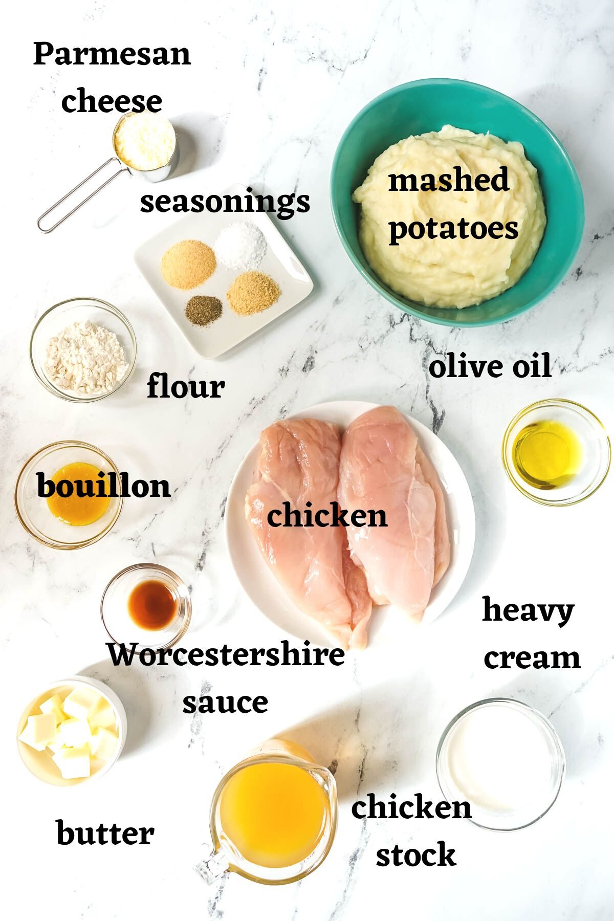 Ingredients needed to make creamy chicken with mashed potatoes.
