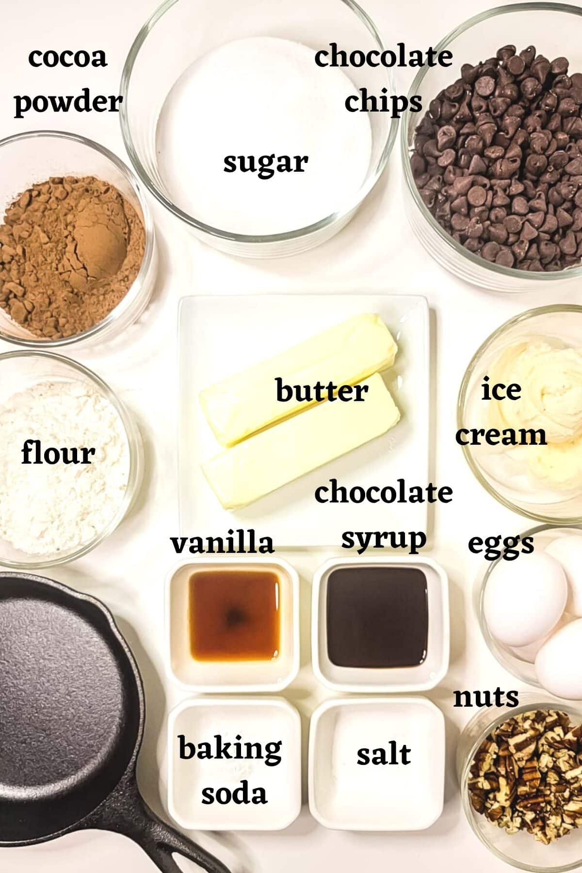 Ingredients needed to make Cast iron skillet brownies.