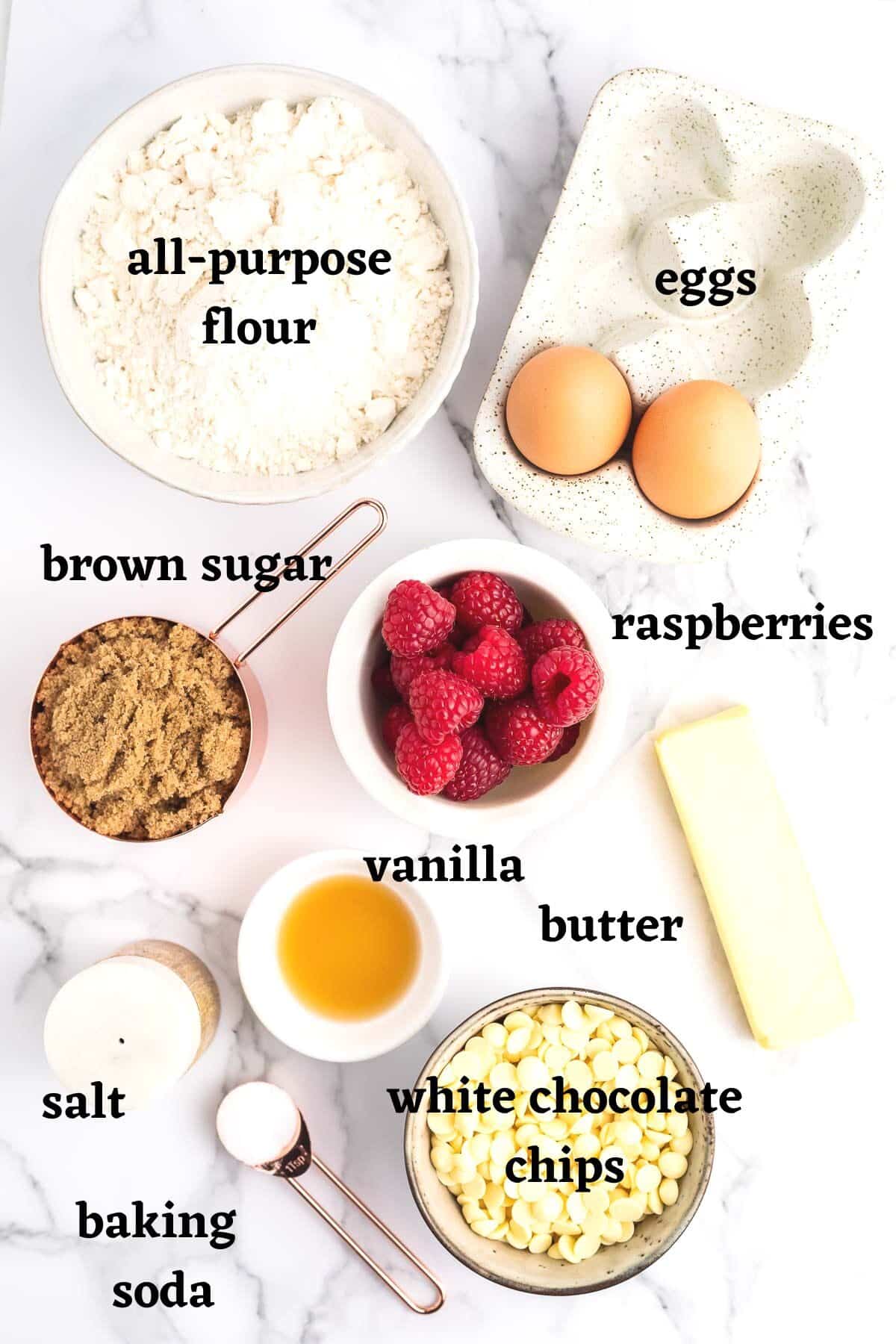 Ingredients needed to make White Chocolate Raspberry cookies.
