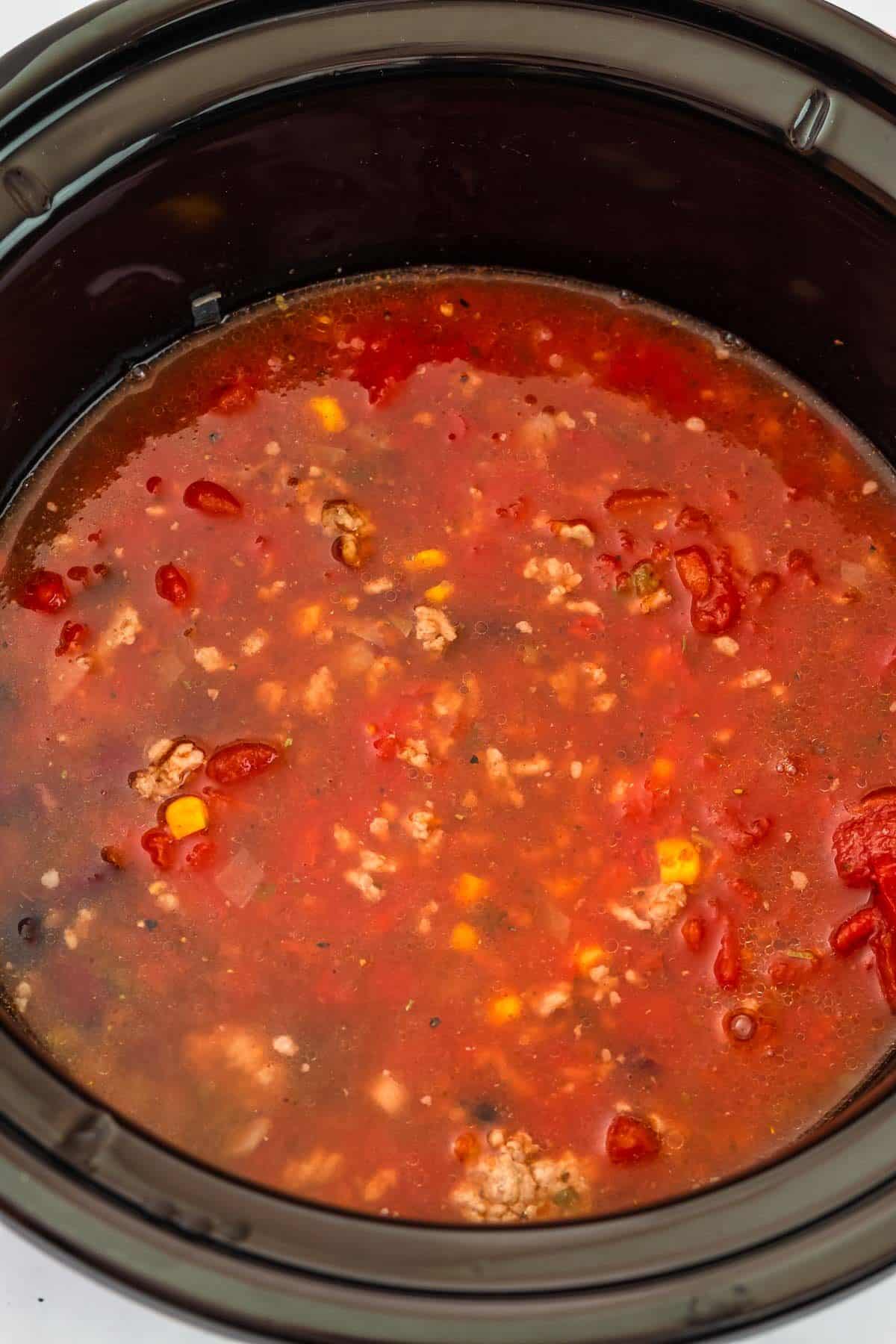 Easy Crockpot Taco Soup with Ranch after it has been cooking in the crockpot. 