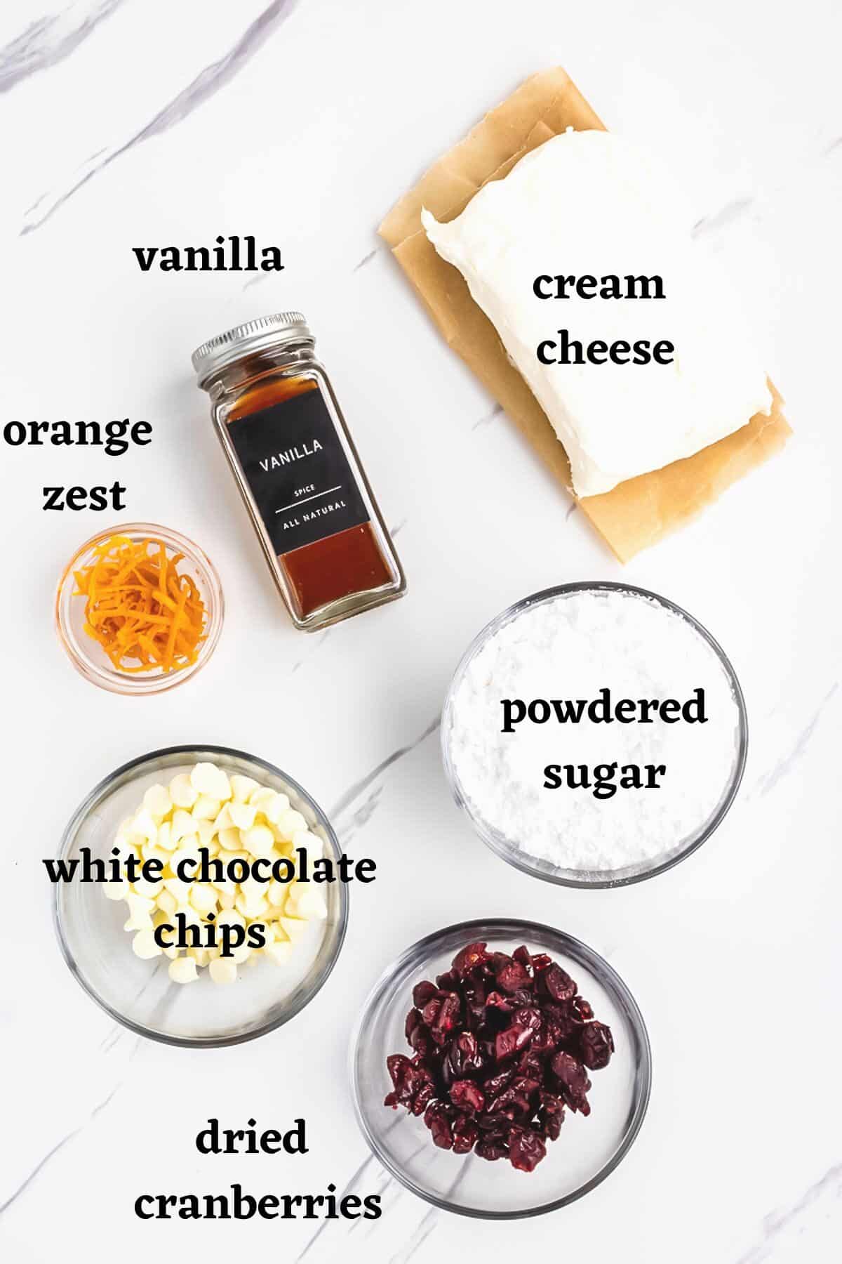 Ingredients needed to make the frosting for the homemade cranberry bliss bars.