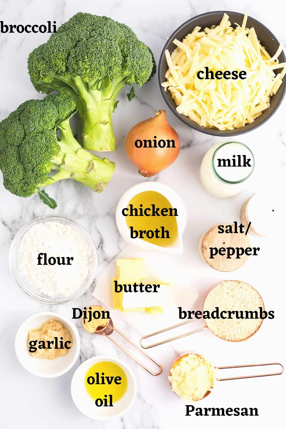 Ingredients needed to make Cheesy Broccoli Au Gratin.