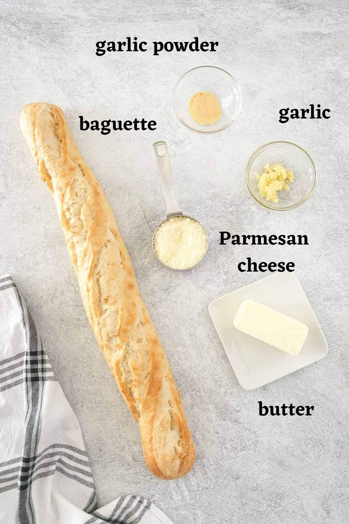 Ingredients needed to make Garlic bread baguette.