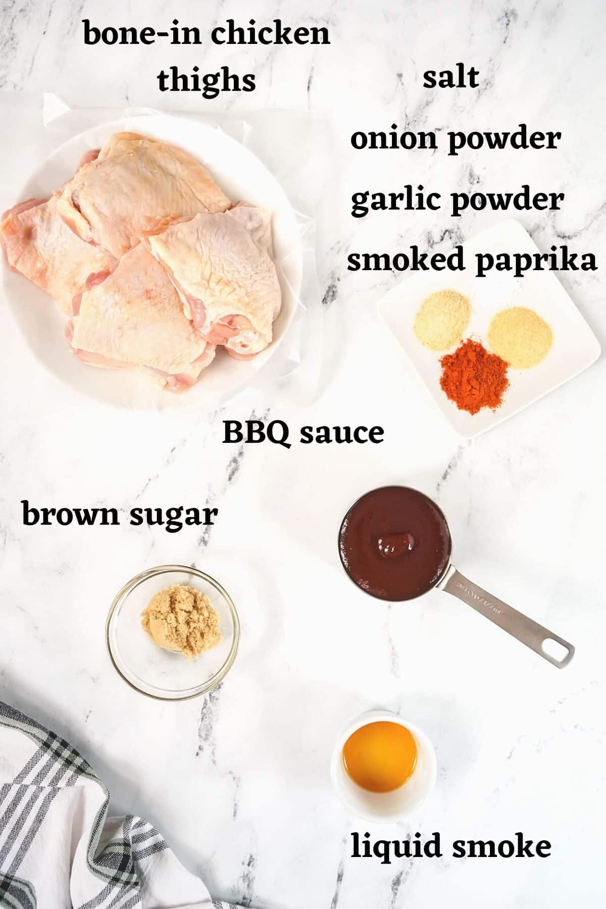 Ingredients needed to make slow cooker BBQ chicken thighs.