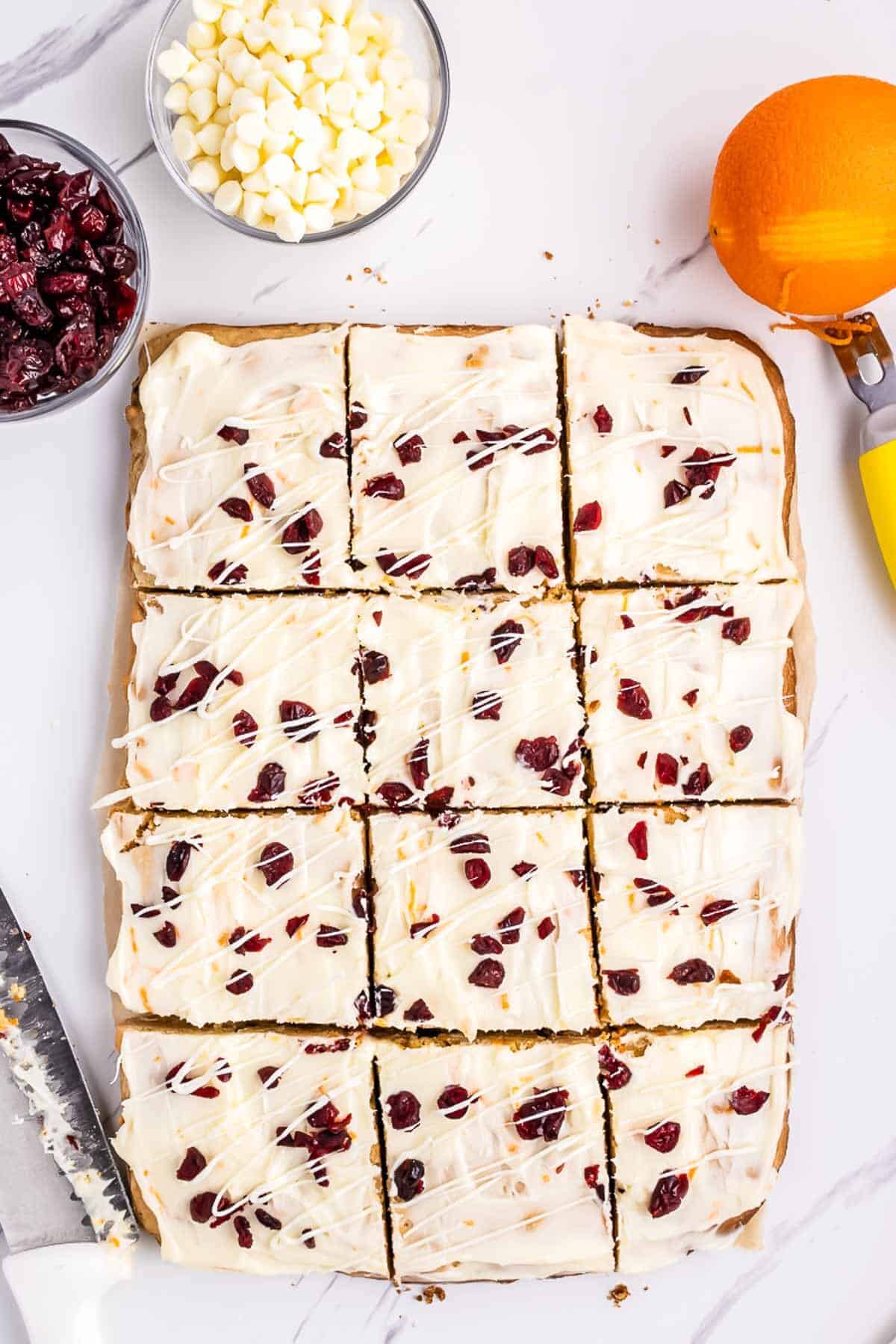 Cranberry bliss bars cut into 12 pieces.