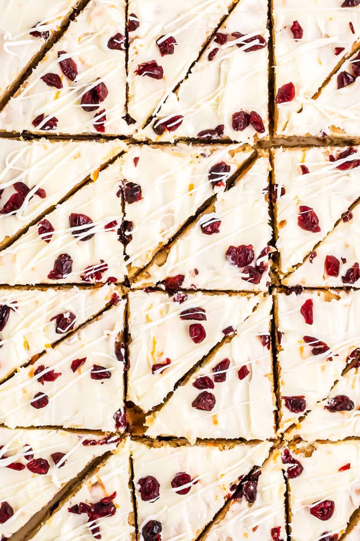 Close up of completed and cut Starbucks Cranberry Bliss Bars Recipe.