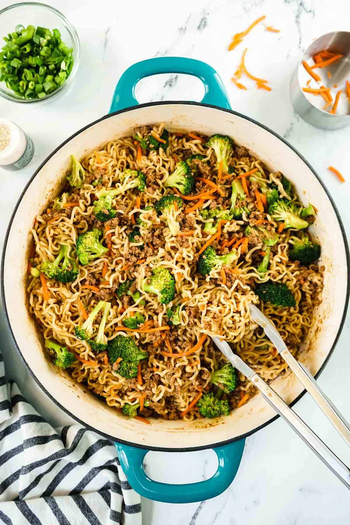Ground Beef and Noodle Stir Fry in a large pan.