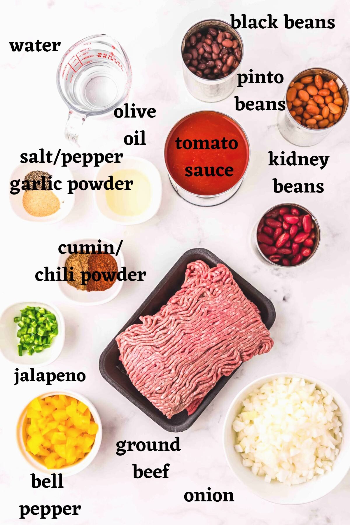 Ingredients needed to make easy 3 bean chili. 