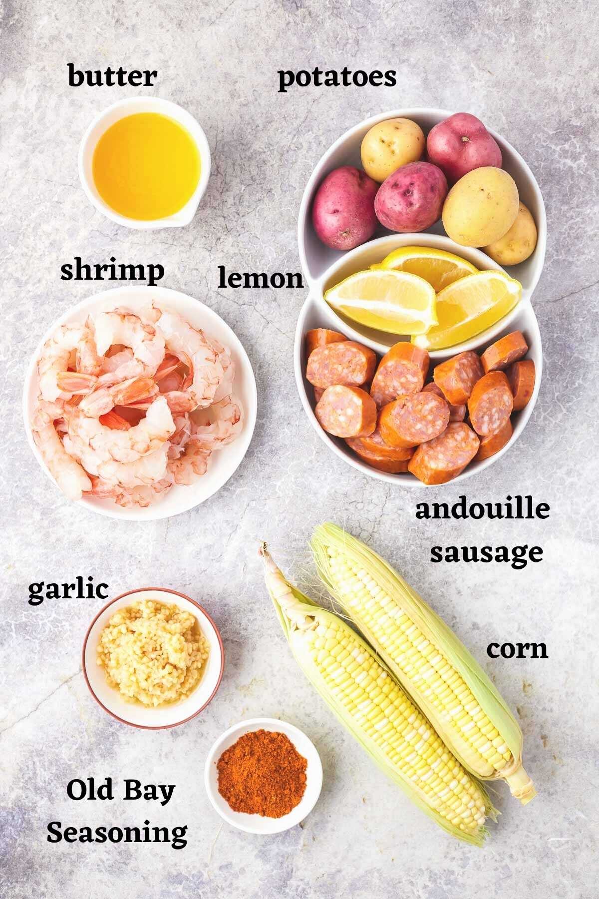 Ingredients needed to make a Sheet Pan Shrimp Boil.