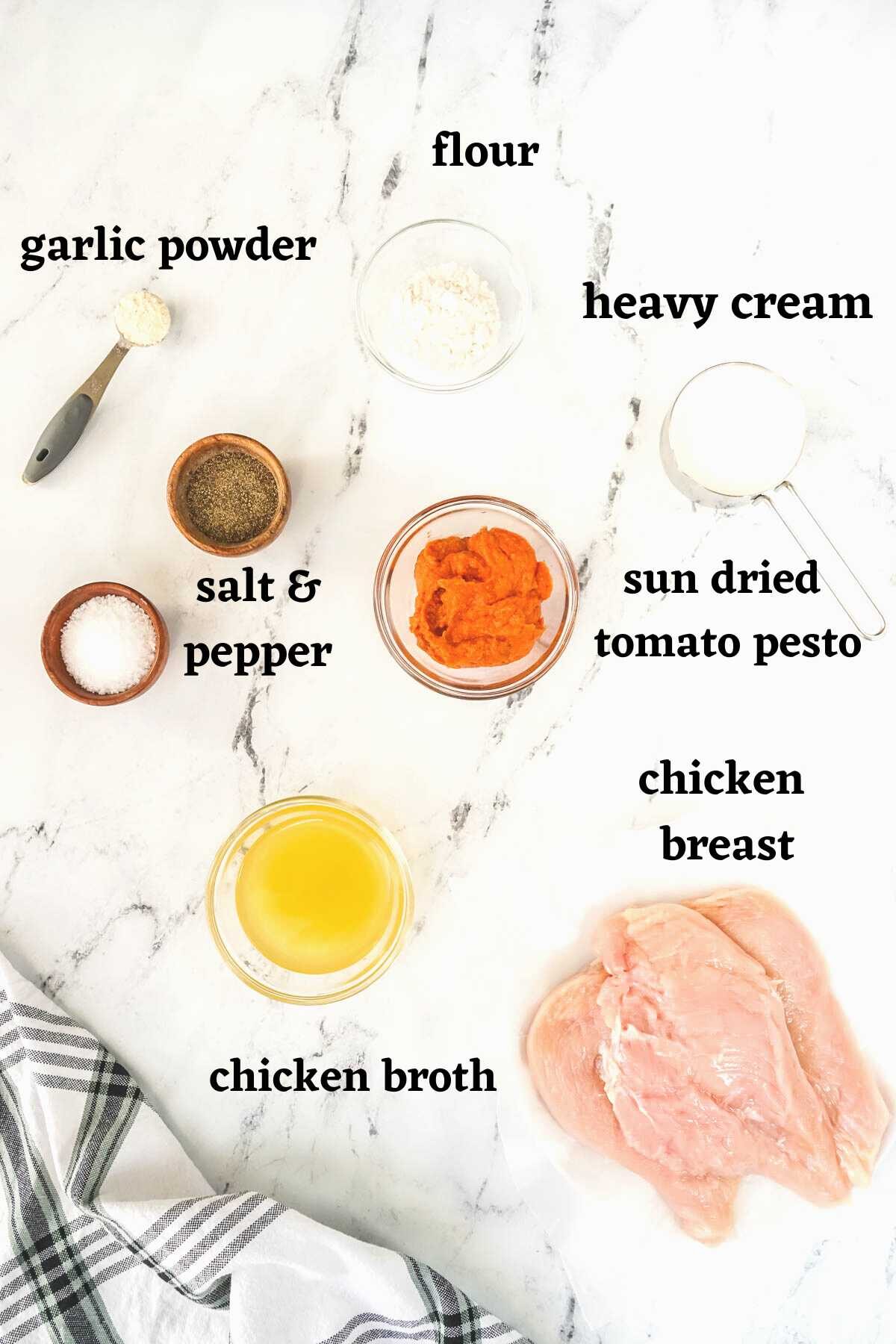 Ingredients needed to make Sun dried tomato pesto chicken.