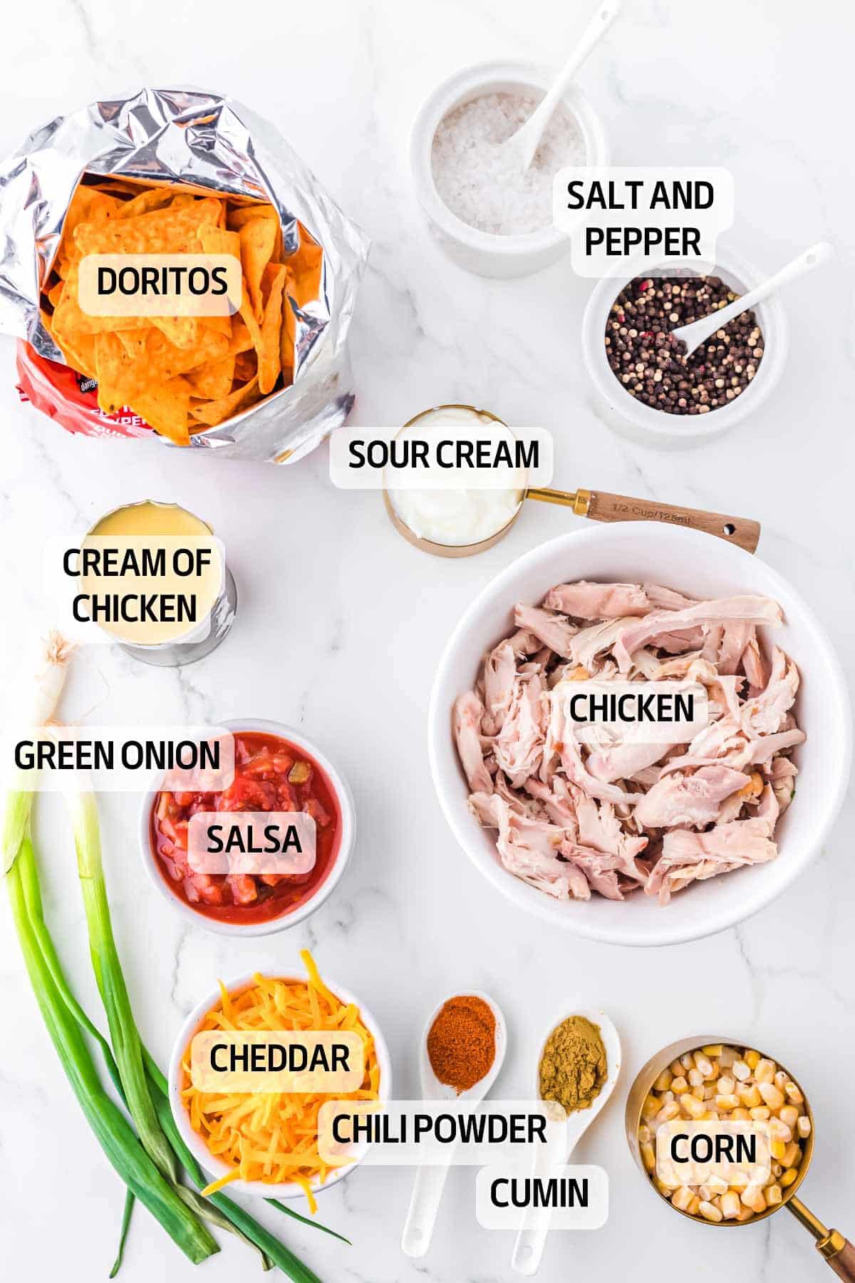 Ingredients needed to make Mexican Chicken Casserole with Doritos.