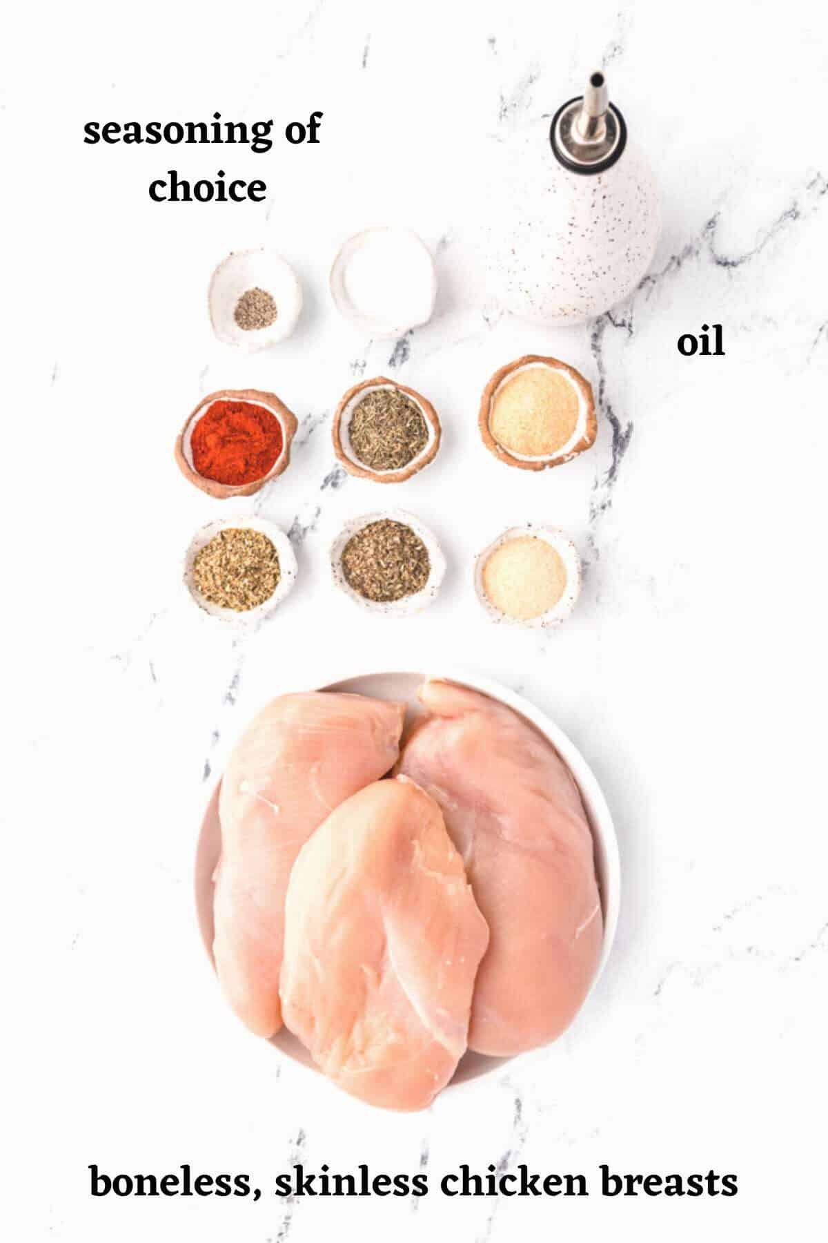 Ingredients to make oven baked chicken breasts at 425°F.