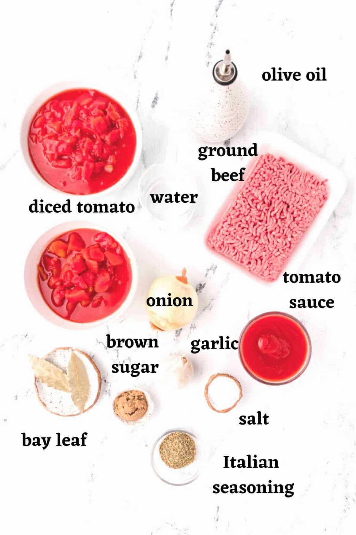 Ingredients needed to make spaghetti sauce with ground beef.