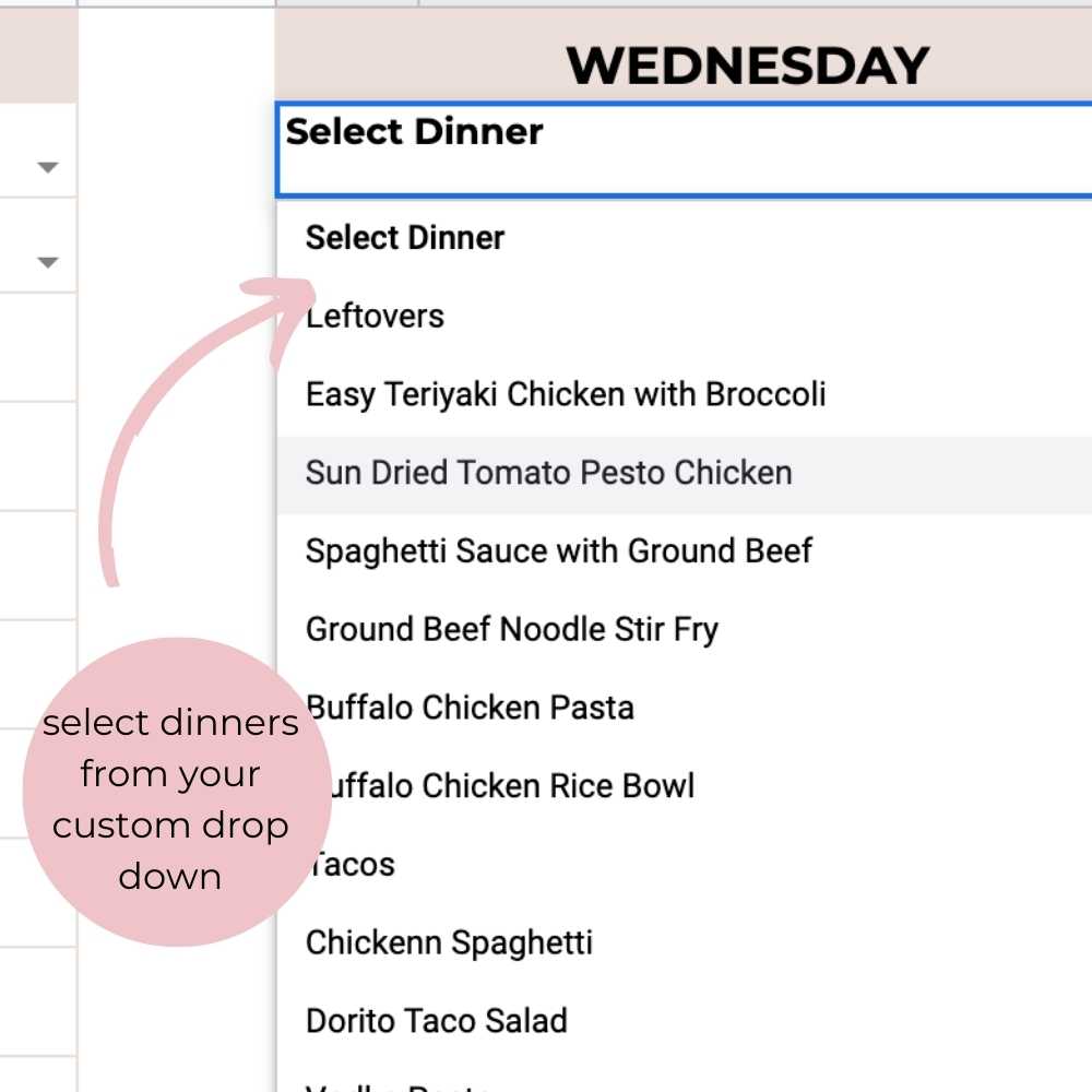 Screen shot of the drop down menu in the Google Sheet Meal Planner.