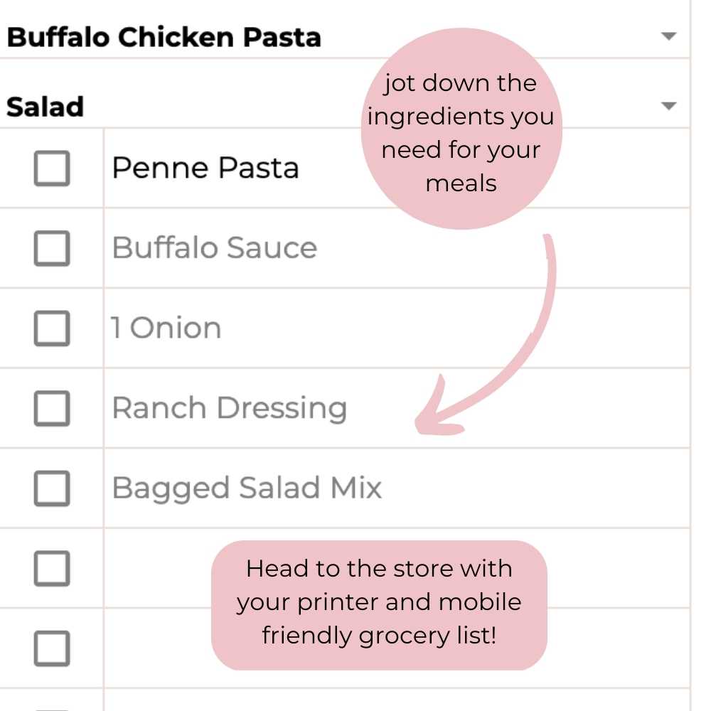 Screen shot of the grocery list in the Google Sheet Meal Planner Template.