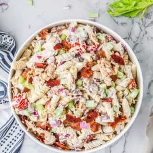 overhead chicken bacon ranch pasta salad in a bowl