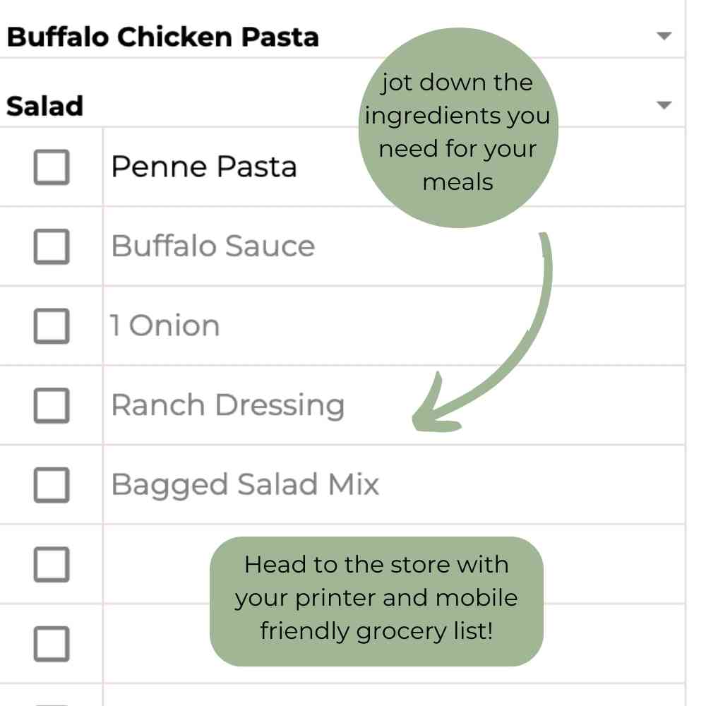 Screen shot from google sheets meal  planner grocery list.