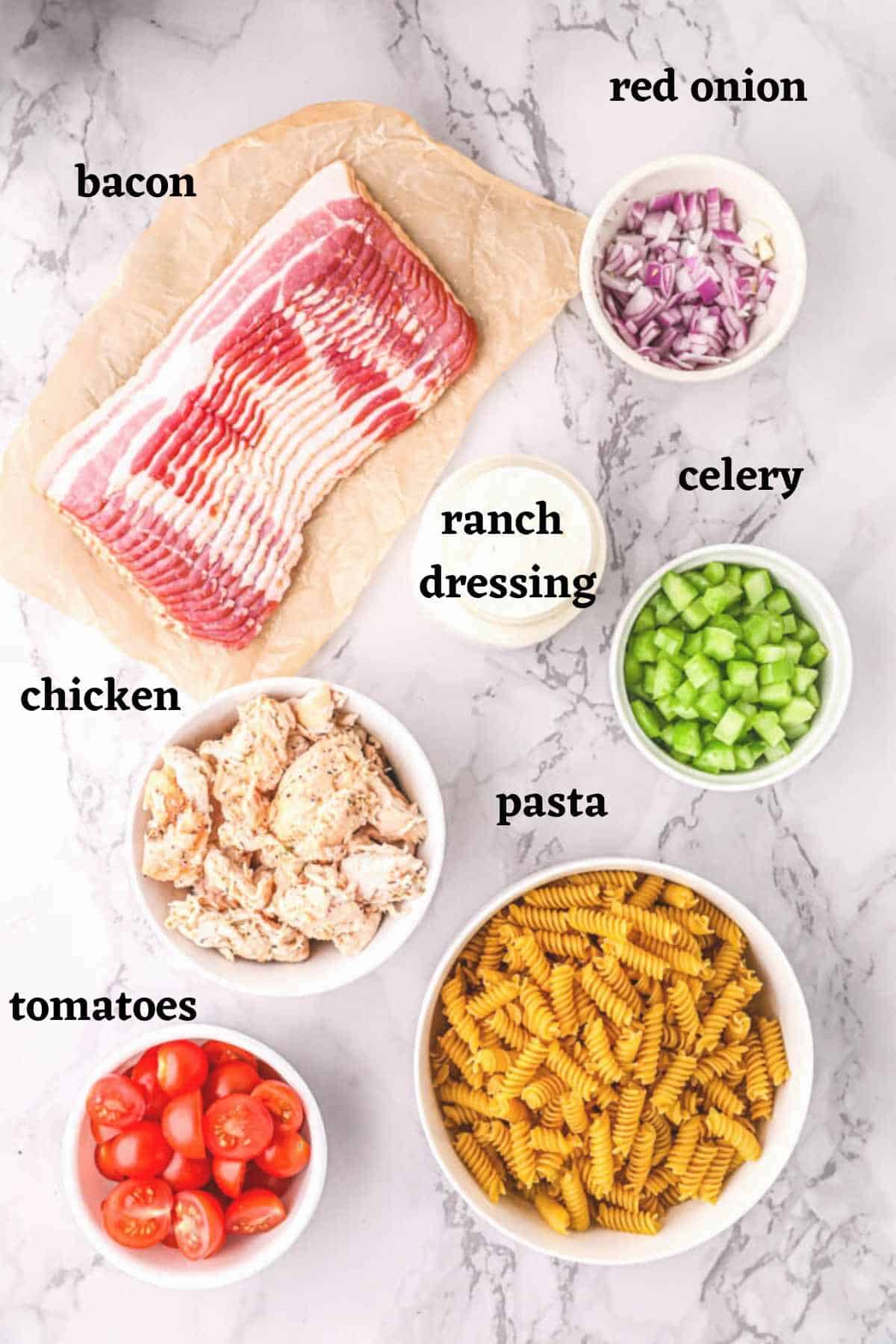 Ingredients needed to make this Chicken Bacon Ranch Pasta salad.