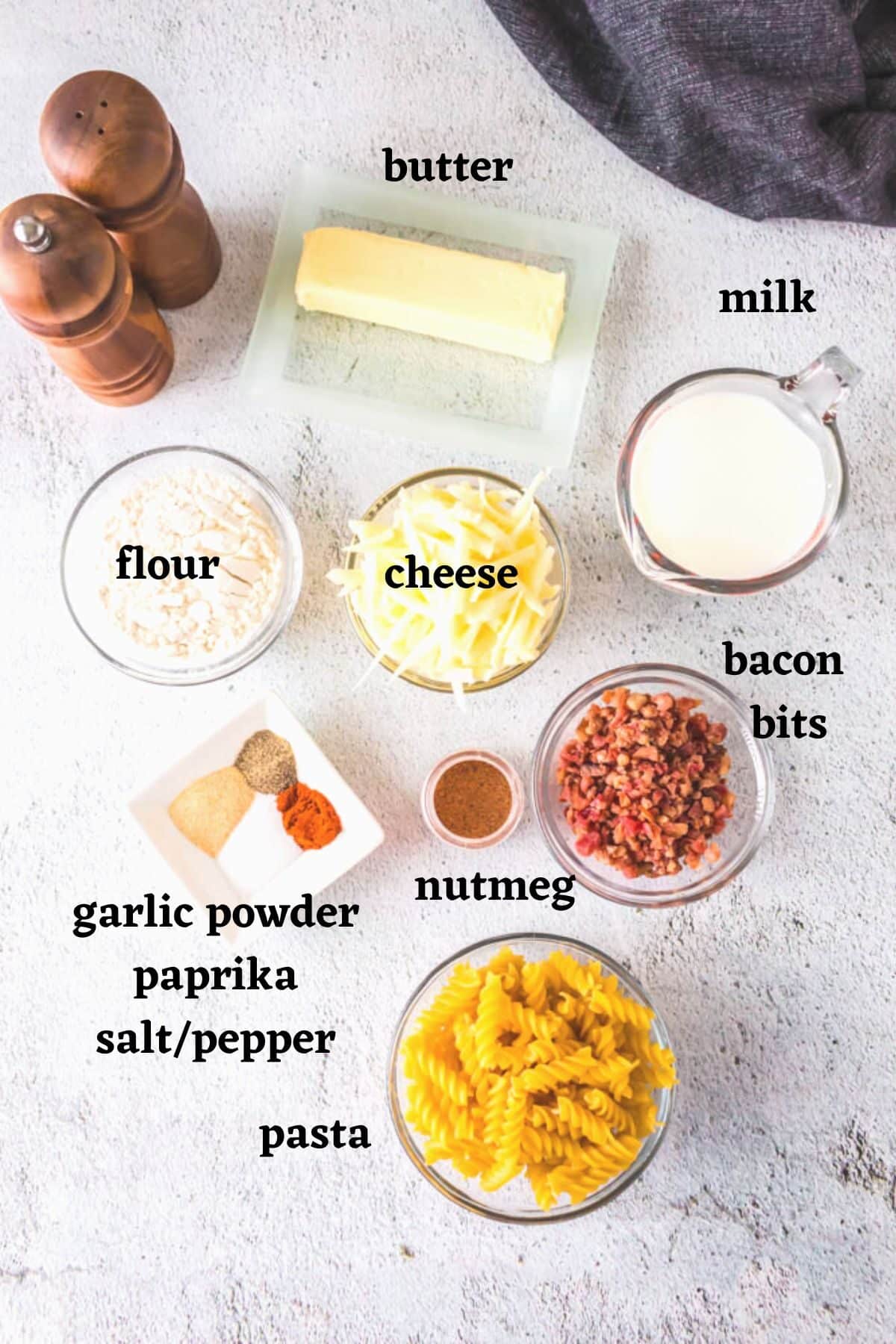 Ingredients needed to make the Creamy Cheesy Bechamel pasta bake.