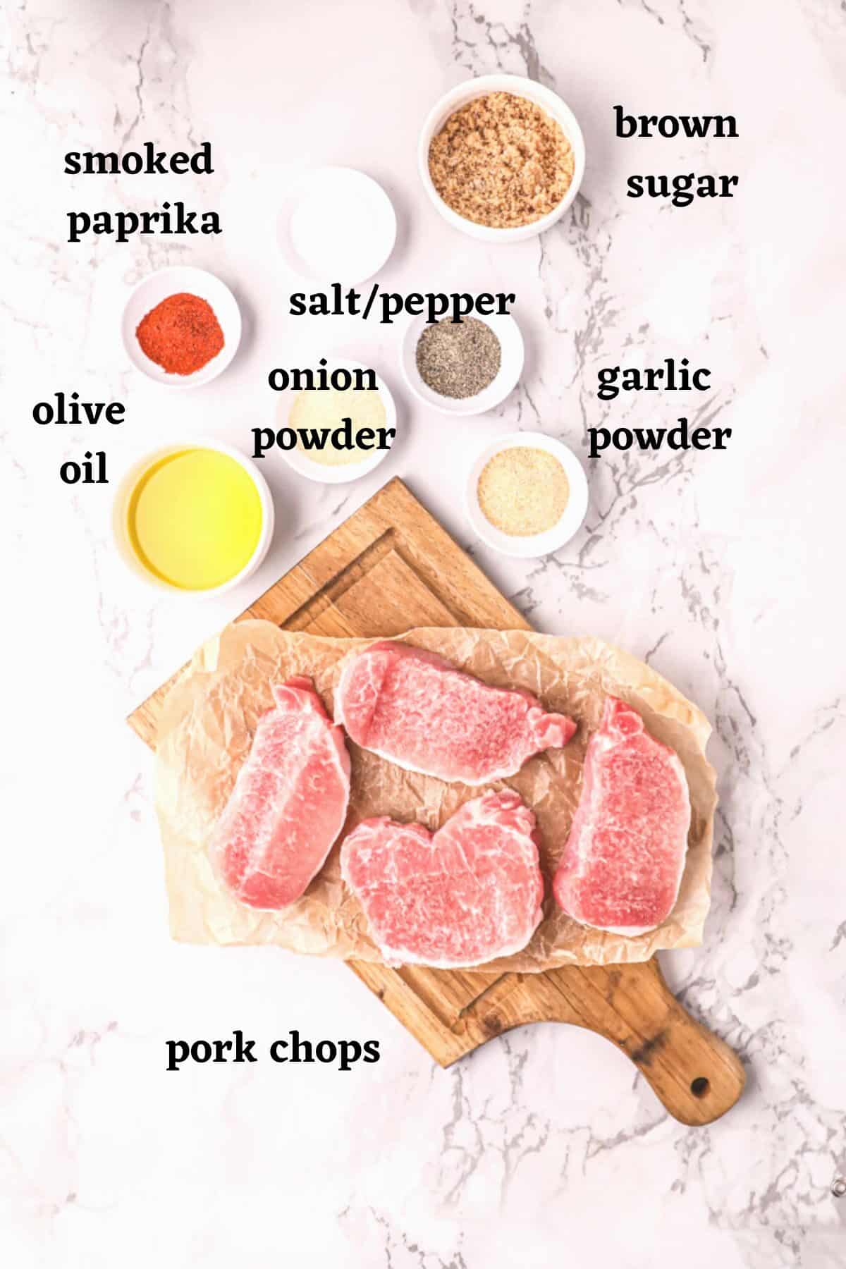 Ingredients needed to make frozen pork chops in the oven.