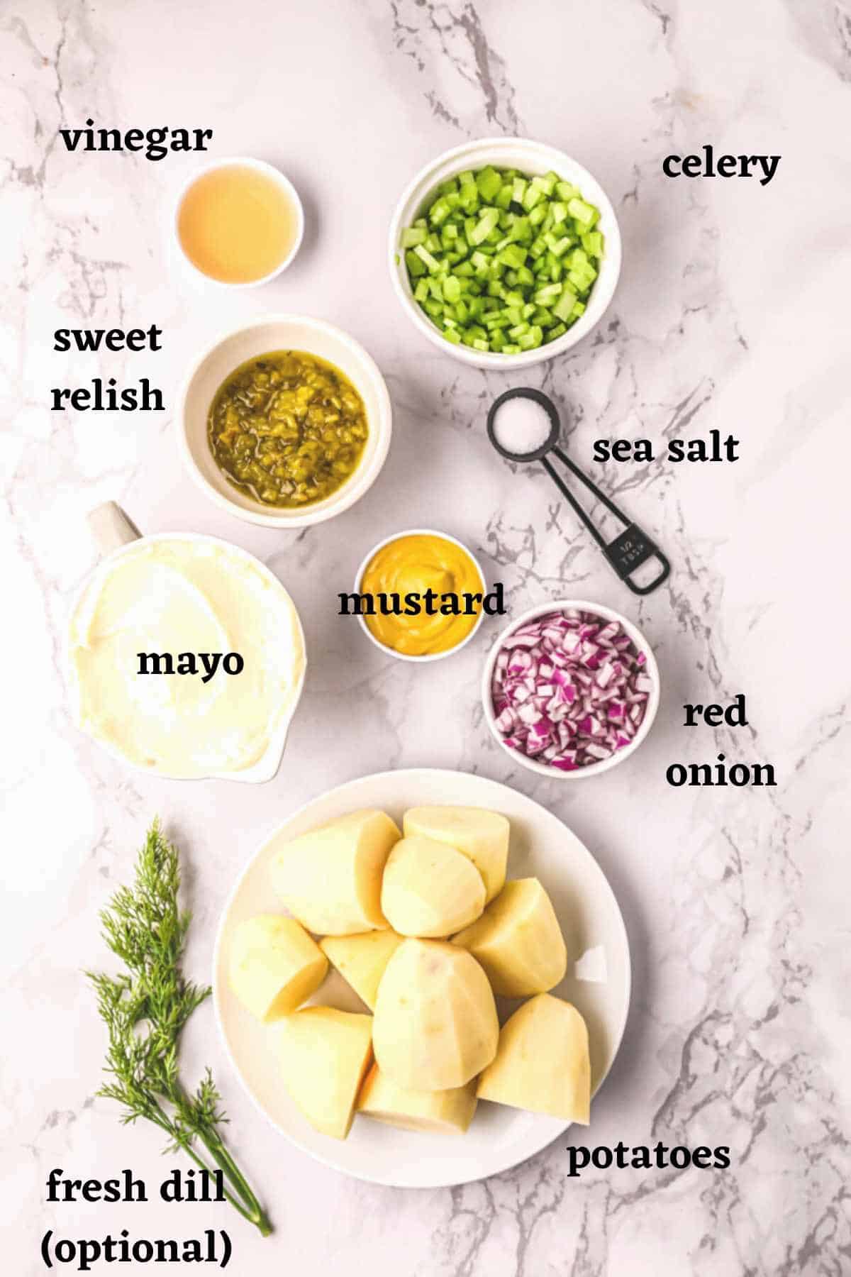 Ingredients needed to make Easy Potato Salad No Eggs.