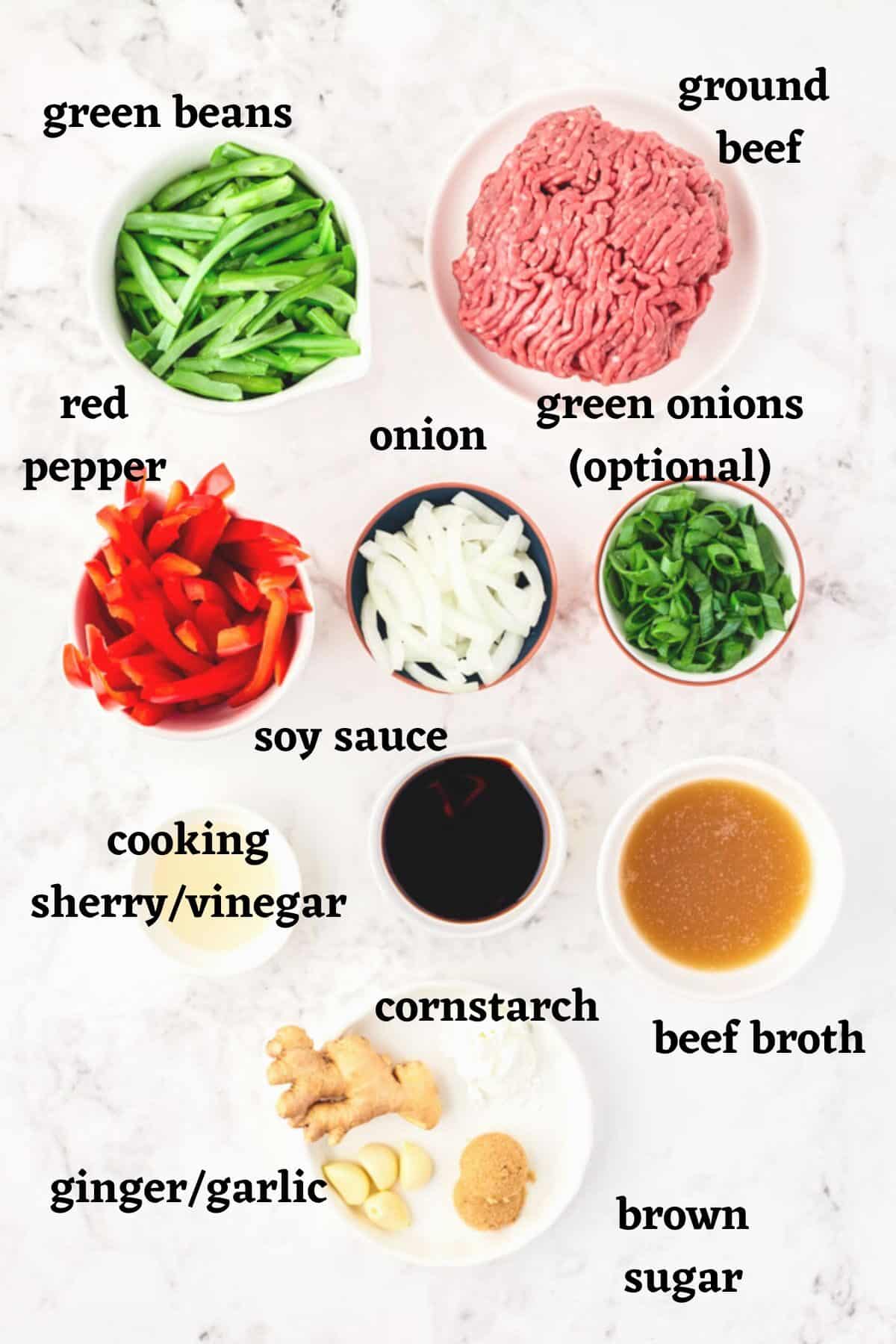 Ingredients needed to make this Ground Beef Stir Fry Recipe.