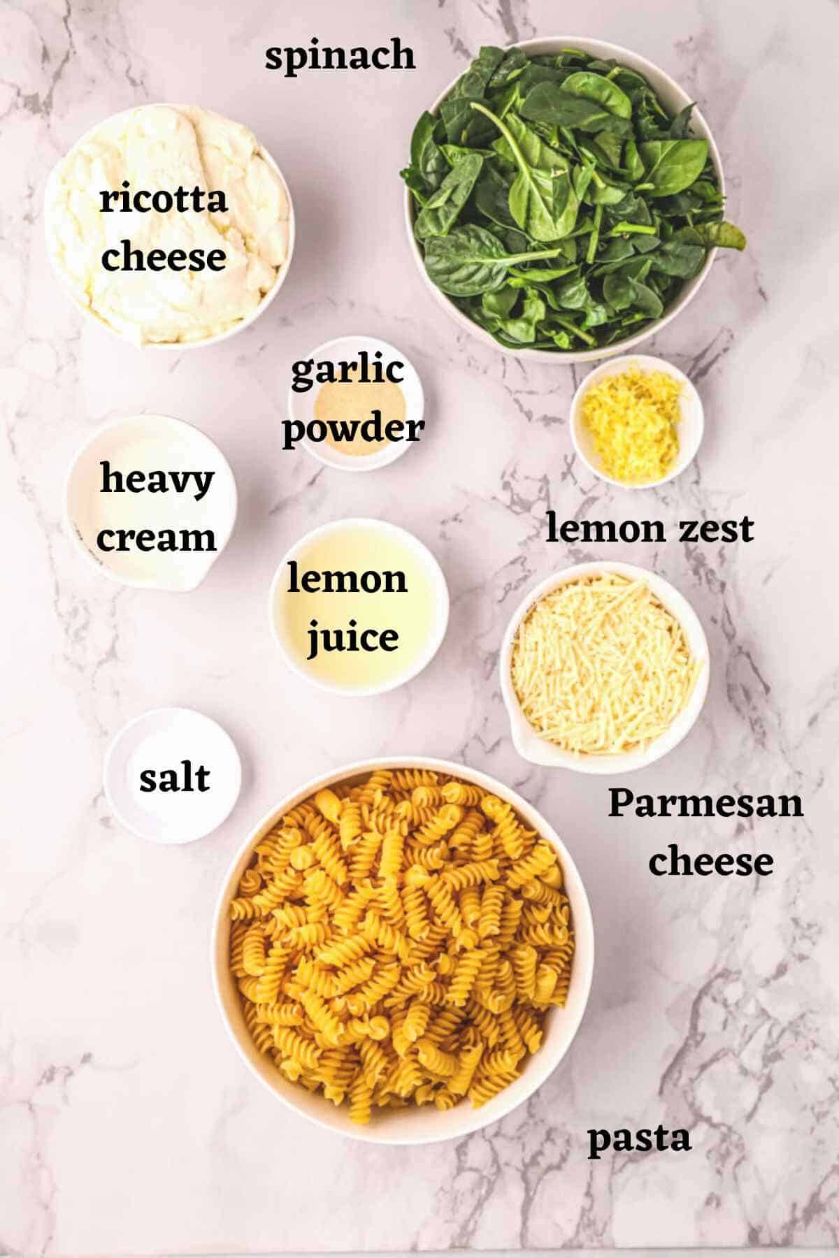 Ingredients needed for one pot pasta with ricotta and lemon.