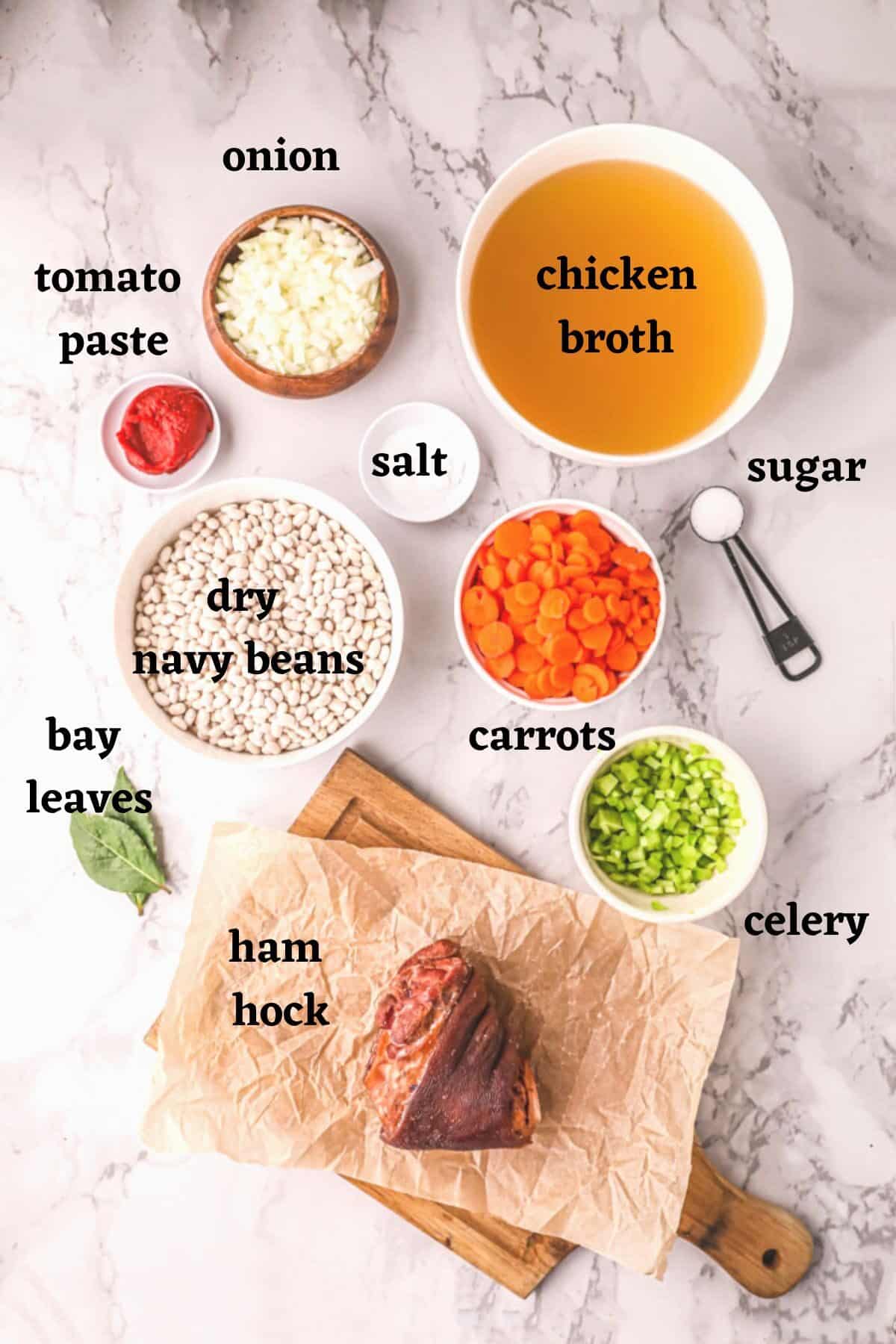Ingredients needed to to make slow cooker bean soup with ham.