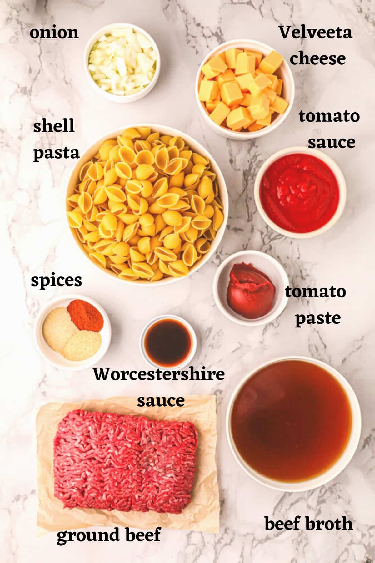 Ingredients needed to make Velveeta Hamburger helper.