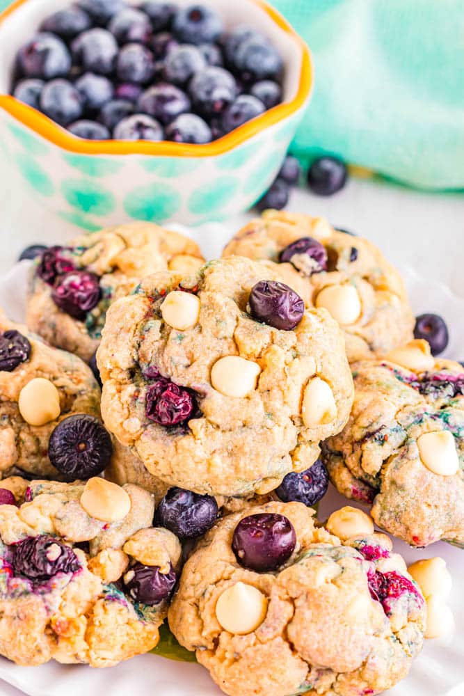 Close up of delicious Blueberry white chocolate chip cookies.