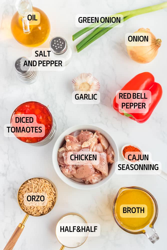 Ingredients needed to make creamy cajun chicken orzo in one pot.